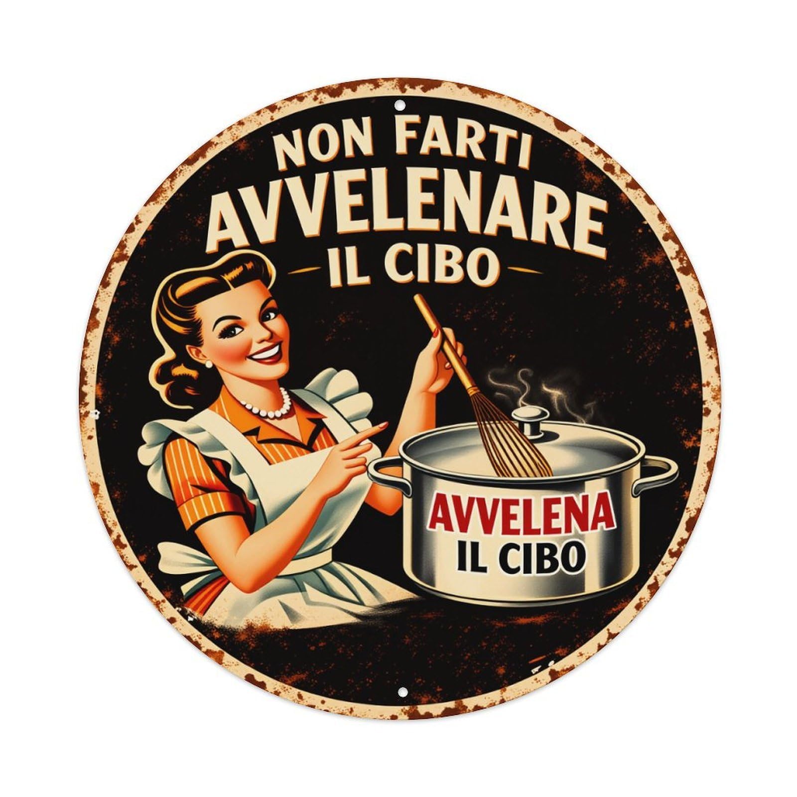 Retro Woman Cooking Pot Warning Round Tin Sign Vintage Metal Poster Retro Bar, Home, Man Cave, Kitchen, Laundry Room Wall Art Decor Gift 8x8Inch