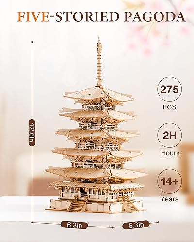 Miniatura 4 de Rolife Kits de modelos de madera para adultos para construir rompecabezas 3D DIY pagoda de cinco pisos regalos únicos para amigos o familiares