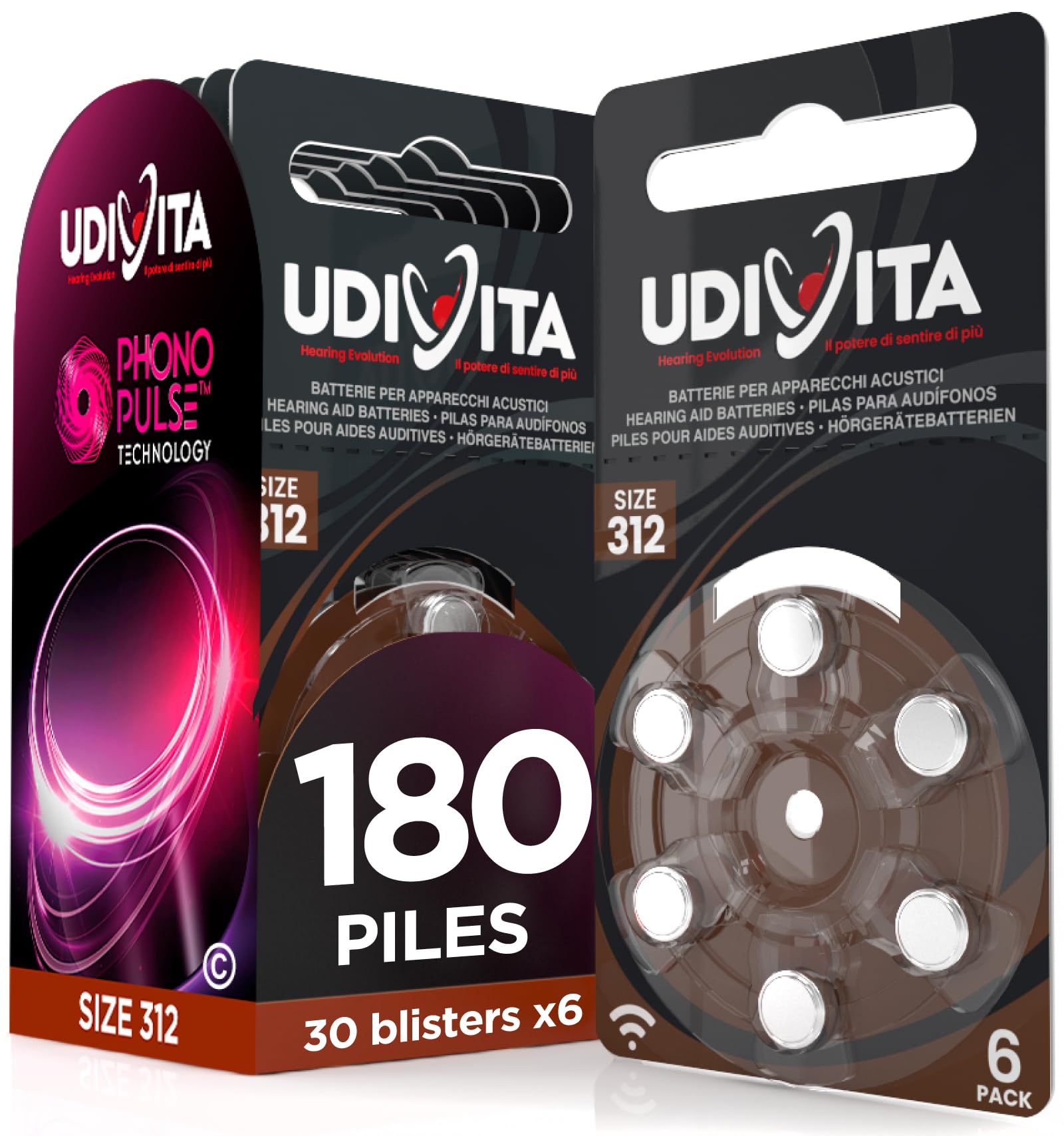 180 Piles Auditives Udivita Taille 312 PR41 Marron - 30 Blisters de 6 Piles