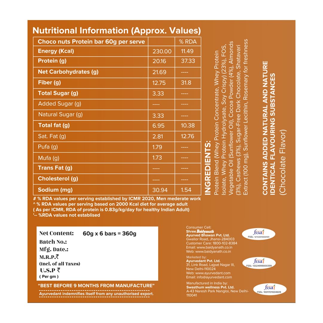 Ayurvedant Choco Nuts Protein Bar, 20g Protein, No Added Sugar, 60g x 6 Pack|From The House Of Baidyanath 3