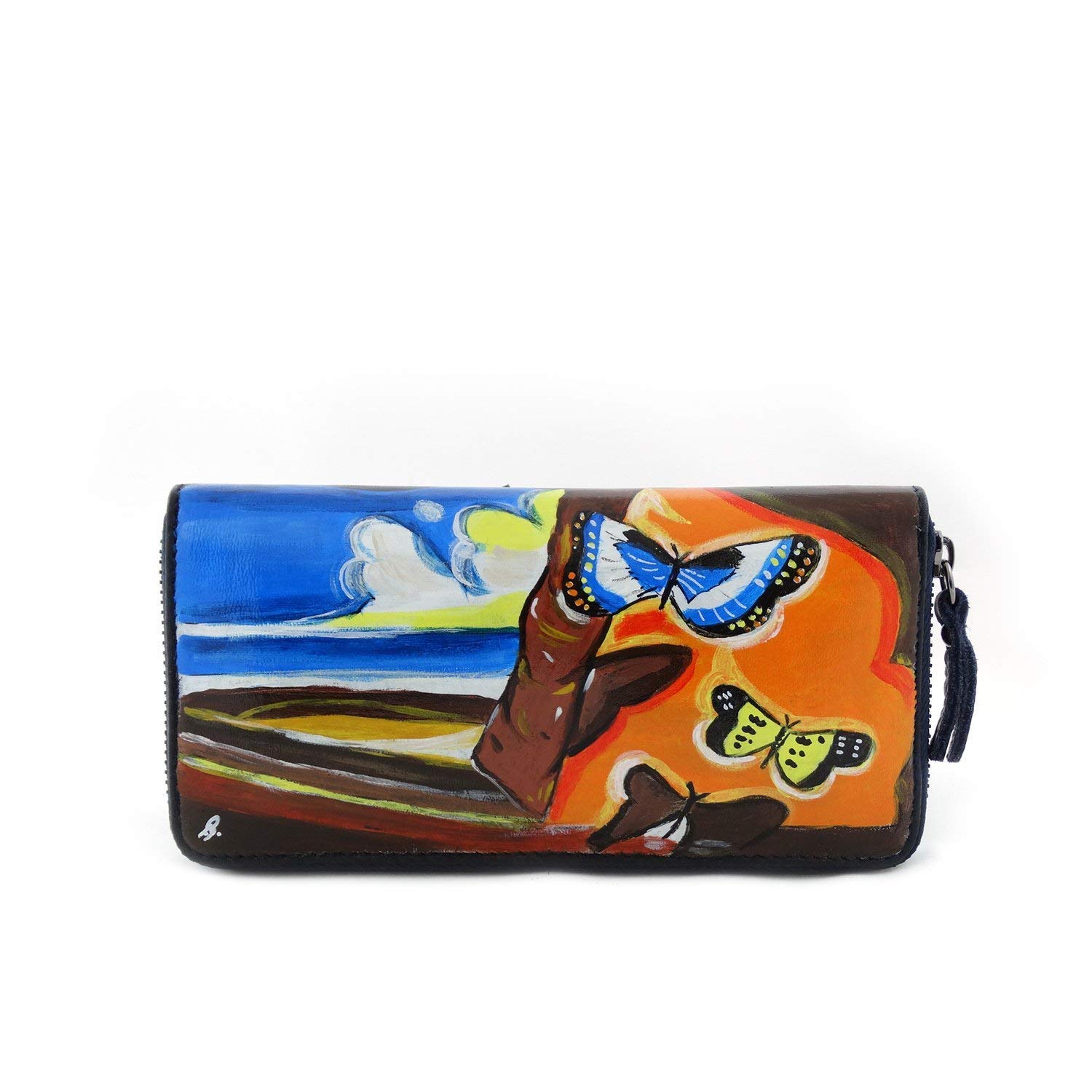 Hand-painted leather woman wallet - LANDSCAPE WITH BUTTERFLIES BY DALÌ - Women's wallets, Made in Italy, Painted Leather, Zipper closure, Portfolio with credit card holder, Craftsmanship
