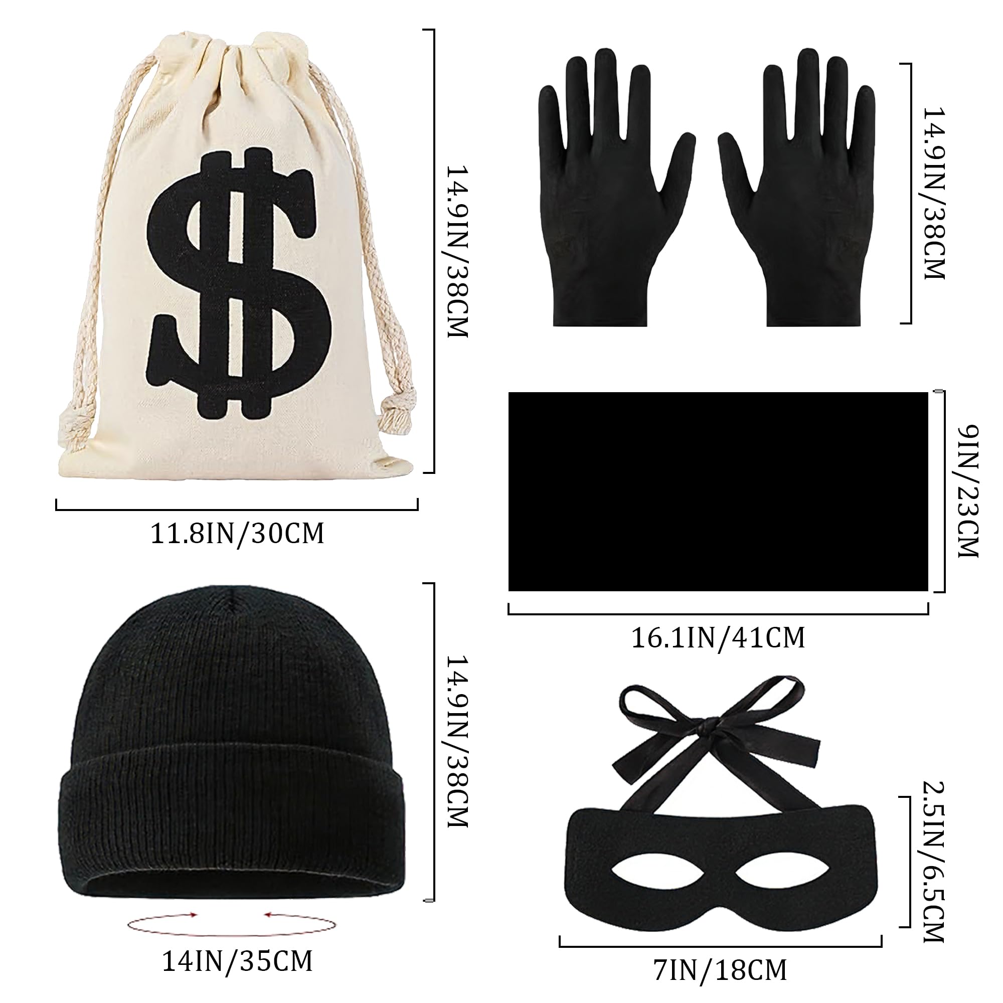 Soireeparty Robber Costume Adults 6 Piece Set, Burglar Fancy Dress with Short Striped T-Shirt Mask Swag Bag Hat Gloves - Image 2