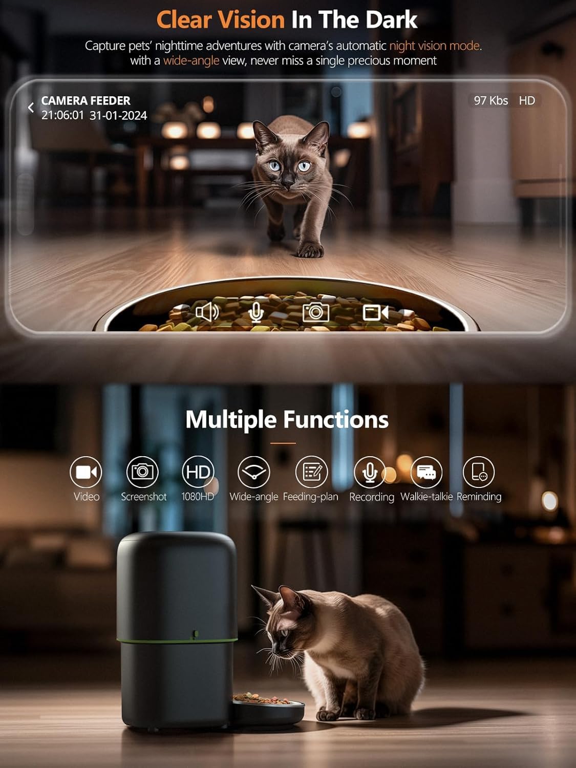 Automatic Cat Feeder with Camera - 5G WiFi Auto Cat Food Dispenser, 1080P HD Video with Night Vision, 1-15 Meals, 1-99 Portions, 2-Way Audio, Keeps Food Fresh, 4L Timed Pet Feeder Also for Dogs - image 6