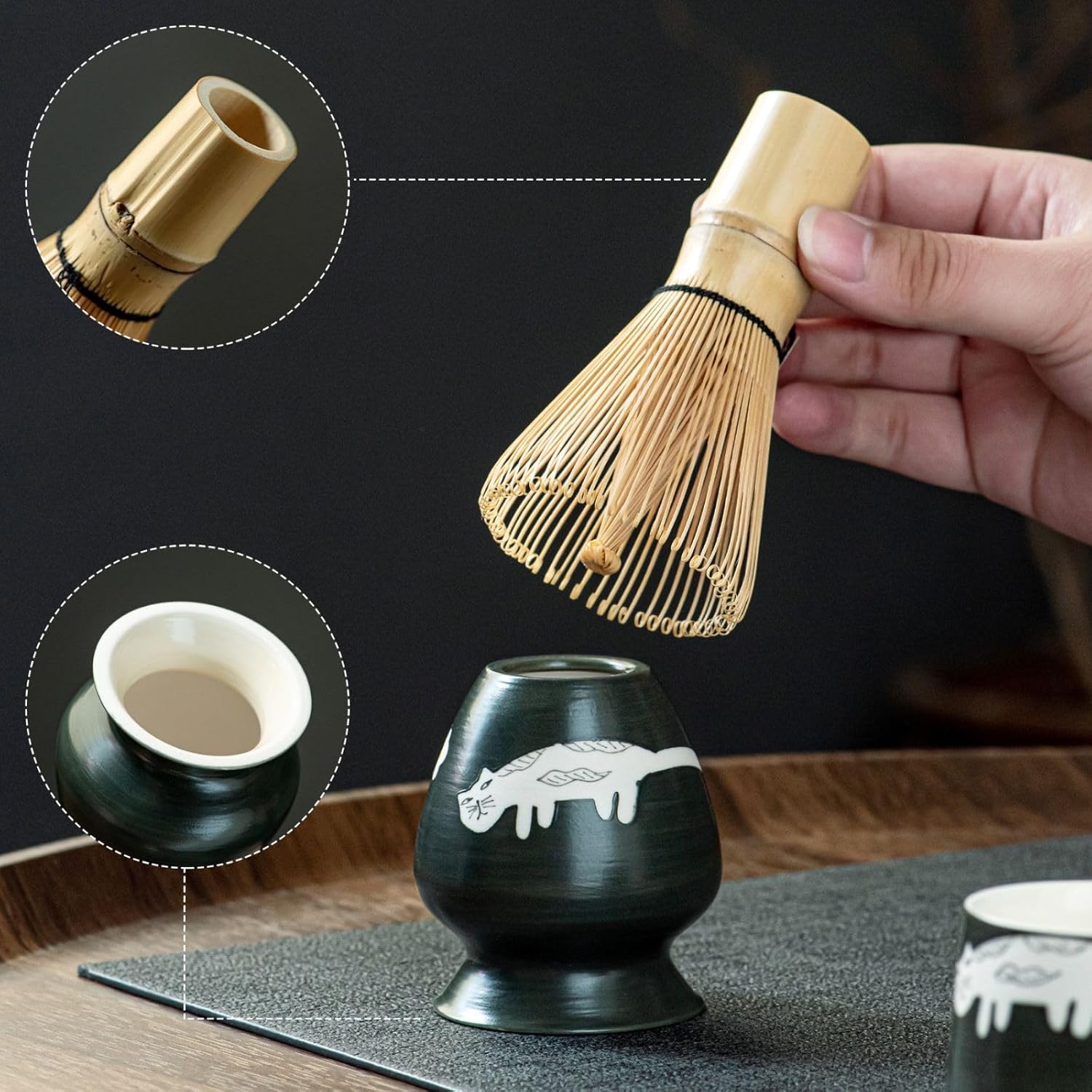 Unique Cat Matcha Tea Set, Matcha Bowl with Spout, 2 Cups, Bamboo Whisk, Chasen Holder & Scoop, 6 Pcs Matcha Set for Tea Ceremony & Unique Gift for Matcha Lover - Image 6
