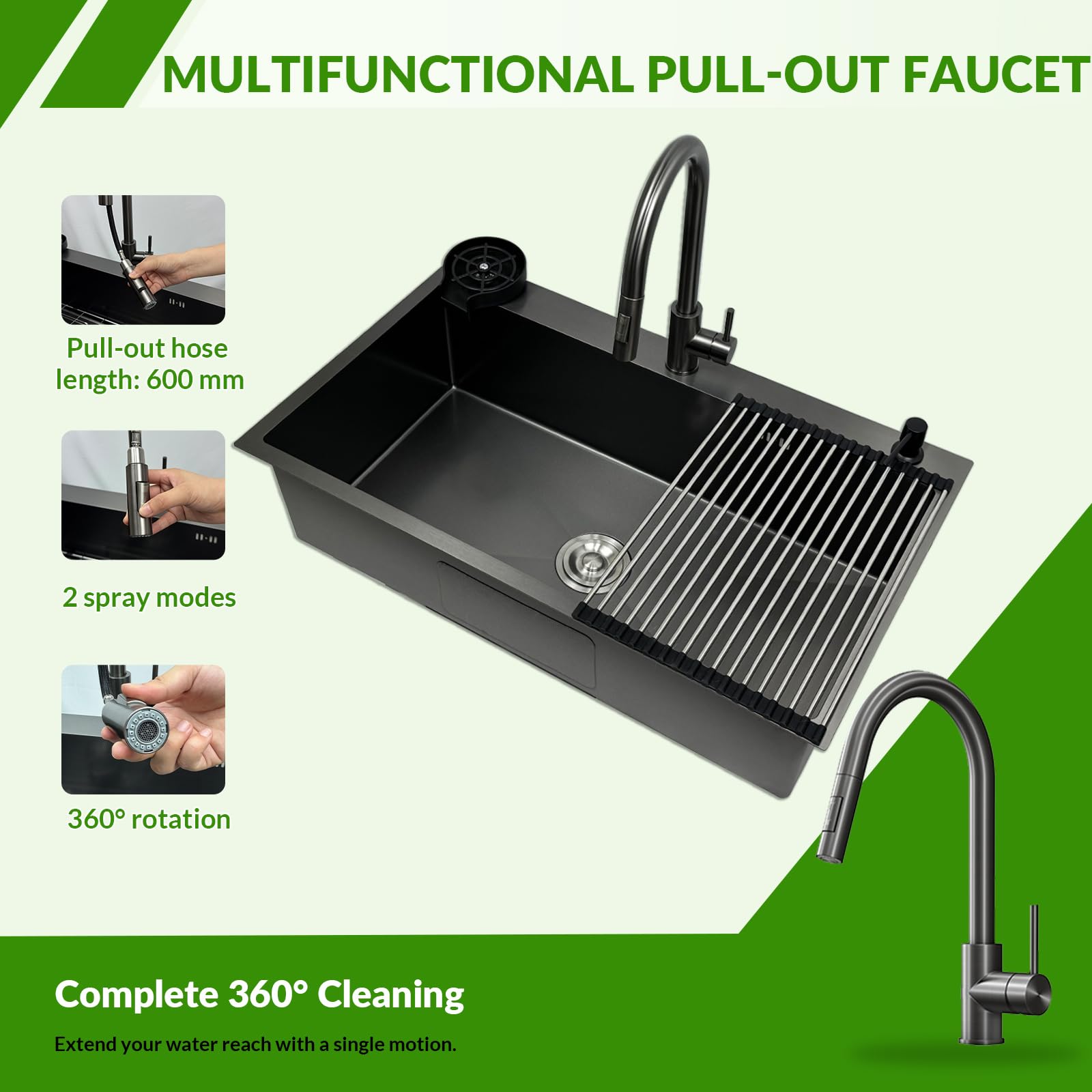 85x50cm Acciaio Inox Lavello Cucina 1 Vasca Grigio Nero, Con Griglia In Acciaio Inox Nano, Lavabo Cucina con 3 Fori Scolapiatti da Appoggio con Rubinetto, con Dispenser Sapone Da Appoggio
