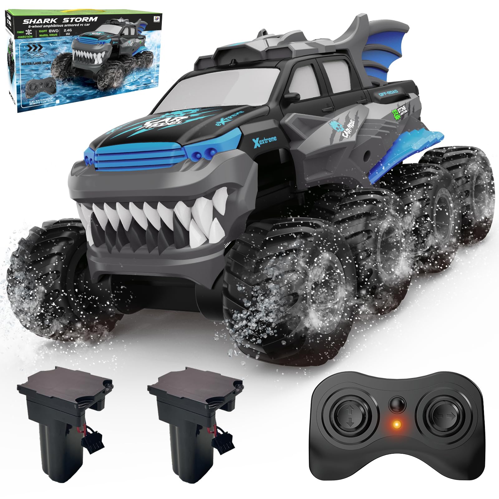 UFULMN Amphibious Remote Control Car 8WD RC Monster Truck with 2 Rechargeable Batteries for Boys Age 8-12 Offroad Waterproof RC Pickup All Terrain RC Drift Cars Beach Pool Toys Gifts for Kids Blue
