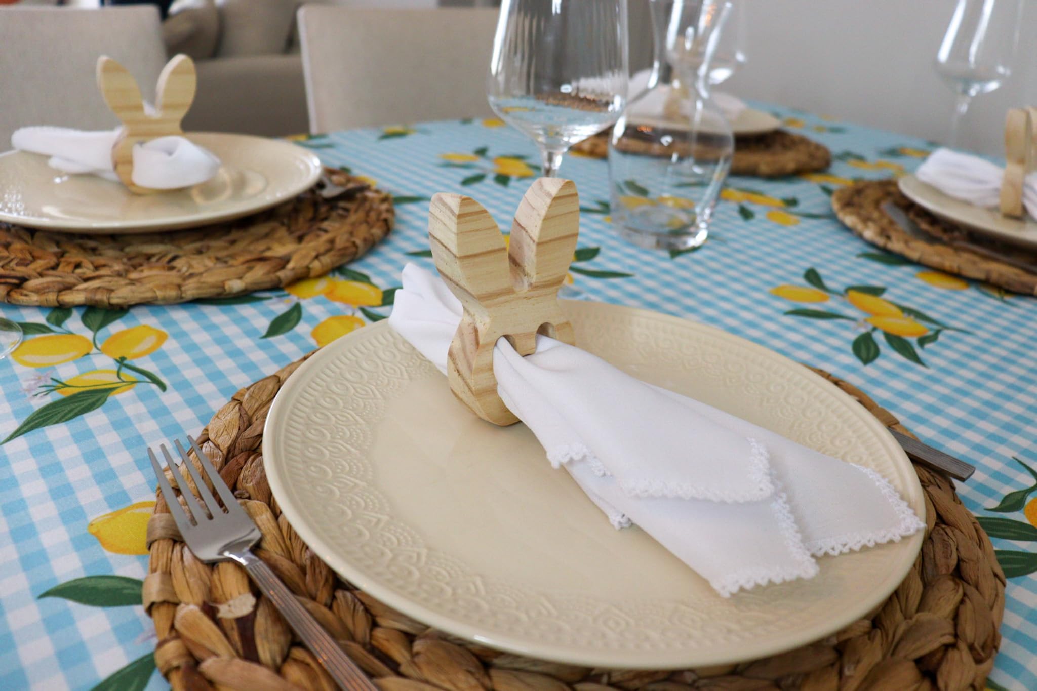 Toalha de Mesa Dolce Limone - Xadrez Vichy Azul Claro com Limão Siciliano (Retangular 8