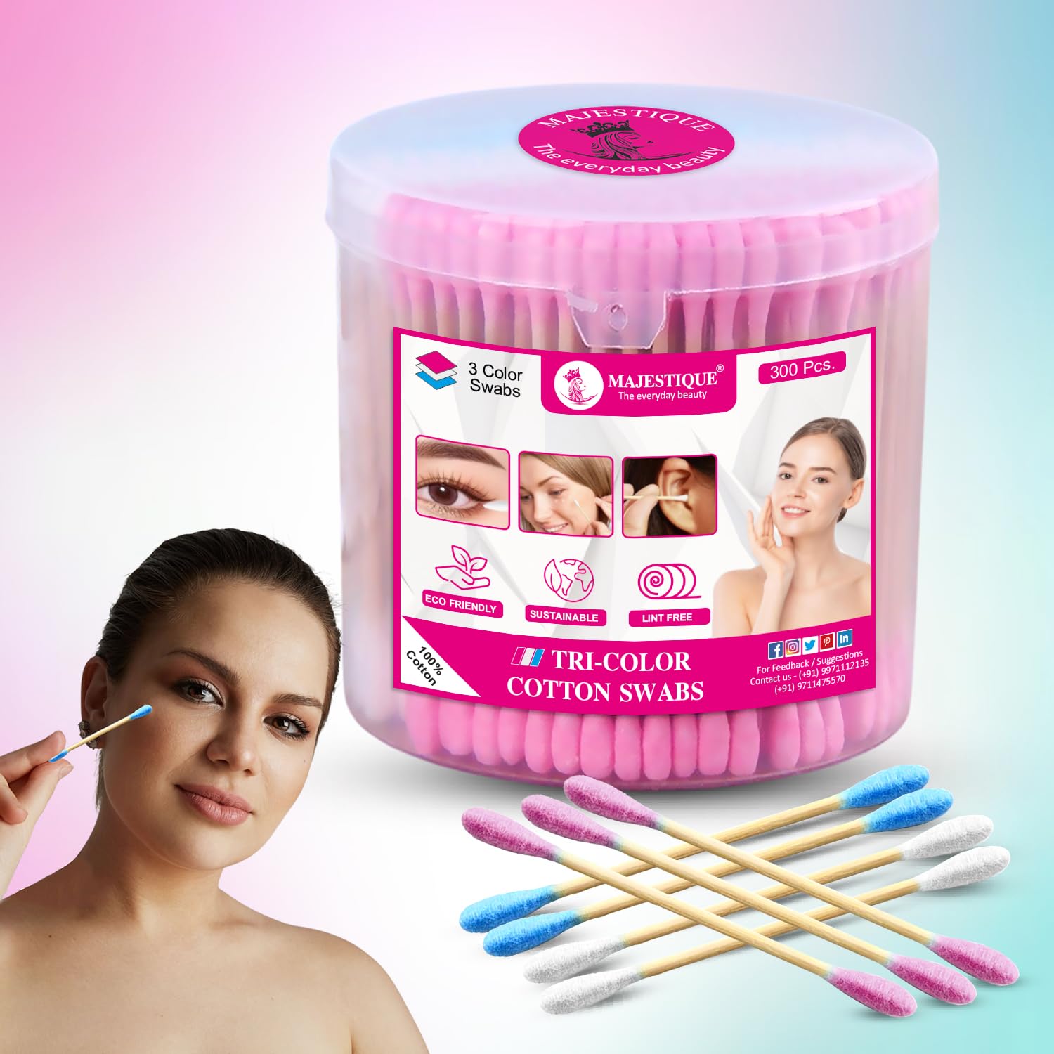Majestique Tri-Color Swabs,Ear Buds Cotton Swabs Eco-Friendly Earbuds for Cleaning Ears - 1 Box (300Pcs)-image-21