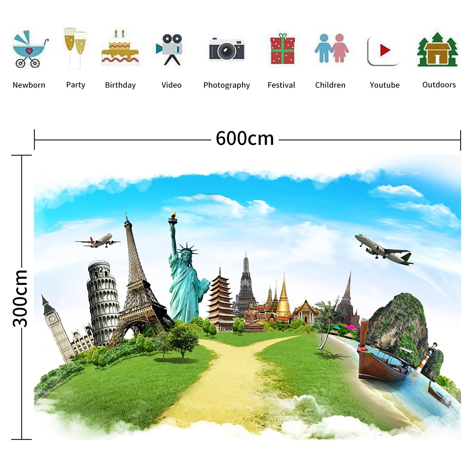 6x3m Zielony Globalny Tło Mapa Ziemi na całym świecie Słynny punkt orientacyjny Budynki Latające Świat Podróże Tło Fotografia Dzieci Dorośli Portret Photoshoot Rekwizyty