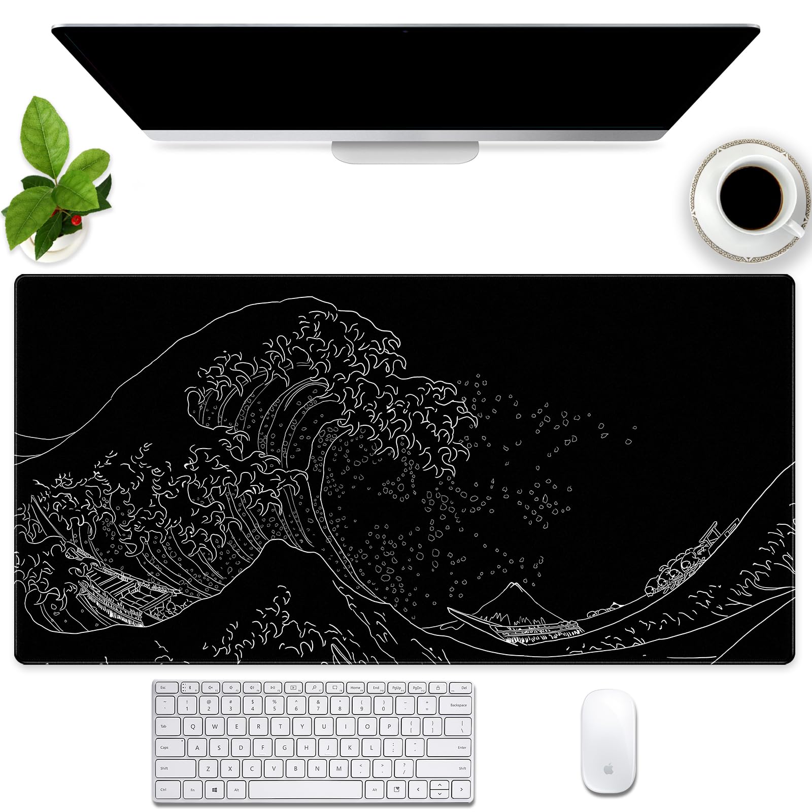 Black Japanese Wave Desk Pad Mat Black and White Mouse pad Extra