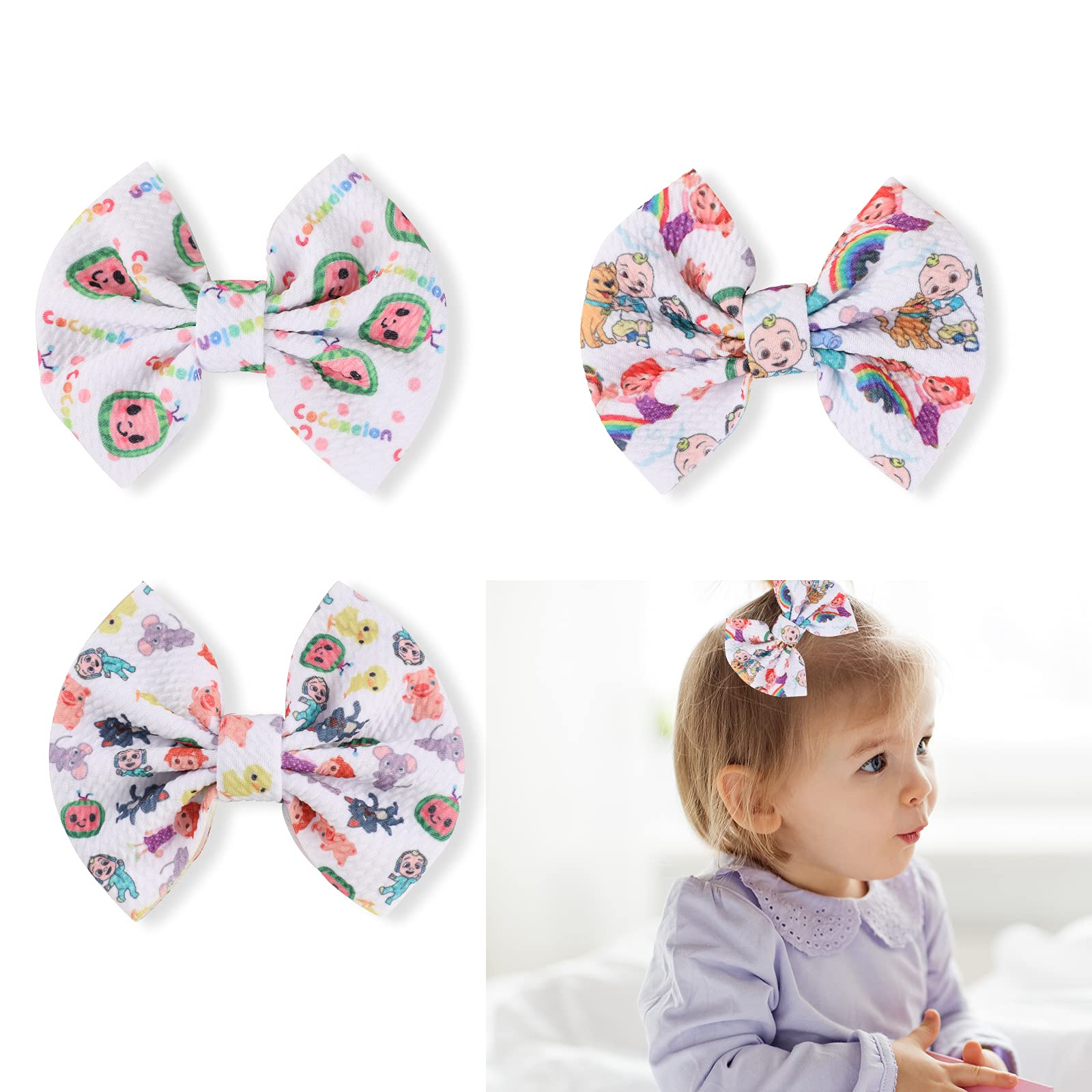 Coco melon Baby Hair Clips for Girls Baby Girl Bows Toddler Girl Hair Accessories 4.7 Inch Big Hair Clips（3Pcs）