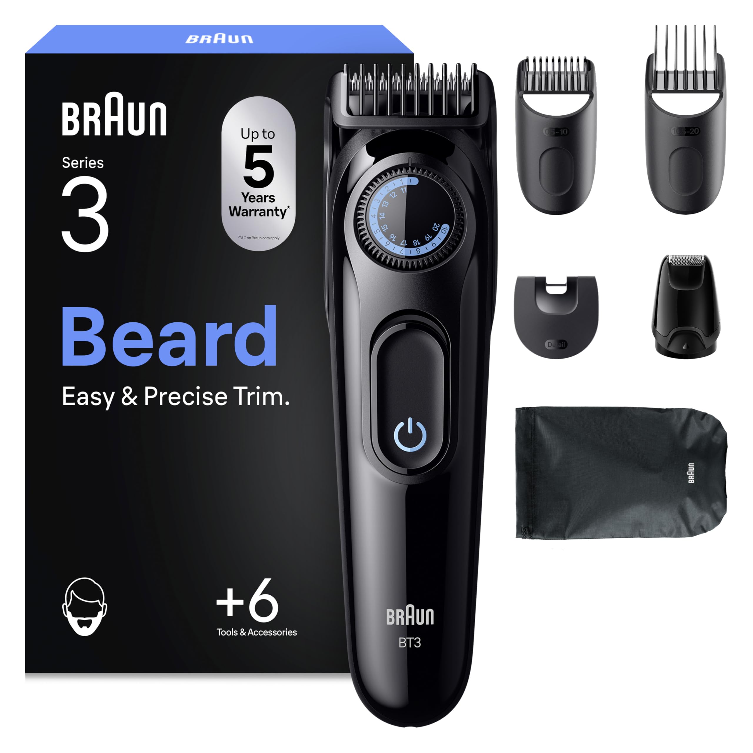 Braun Recortadora De Barba Series 3 BT3565, Negro/Azul - Barbero Recargable, +6 Accesorios De Afeitado, 50 Min De Autonomía, Lámina De Corte Ultra Afilada, 40 Longitudes, Perfila Y Recorta