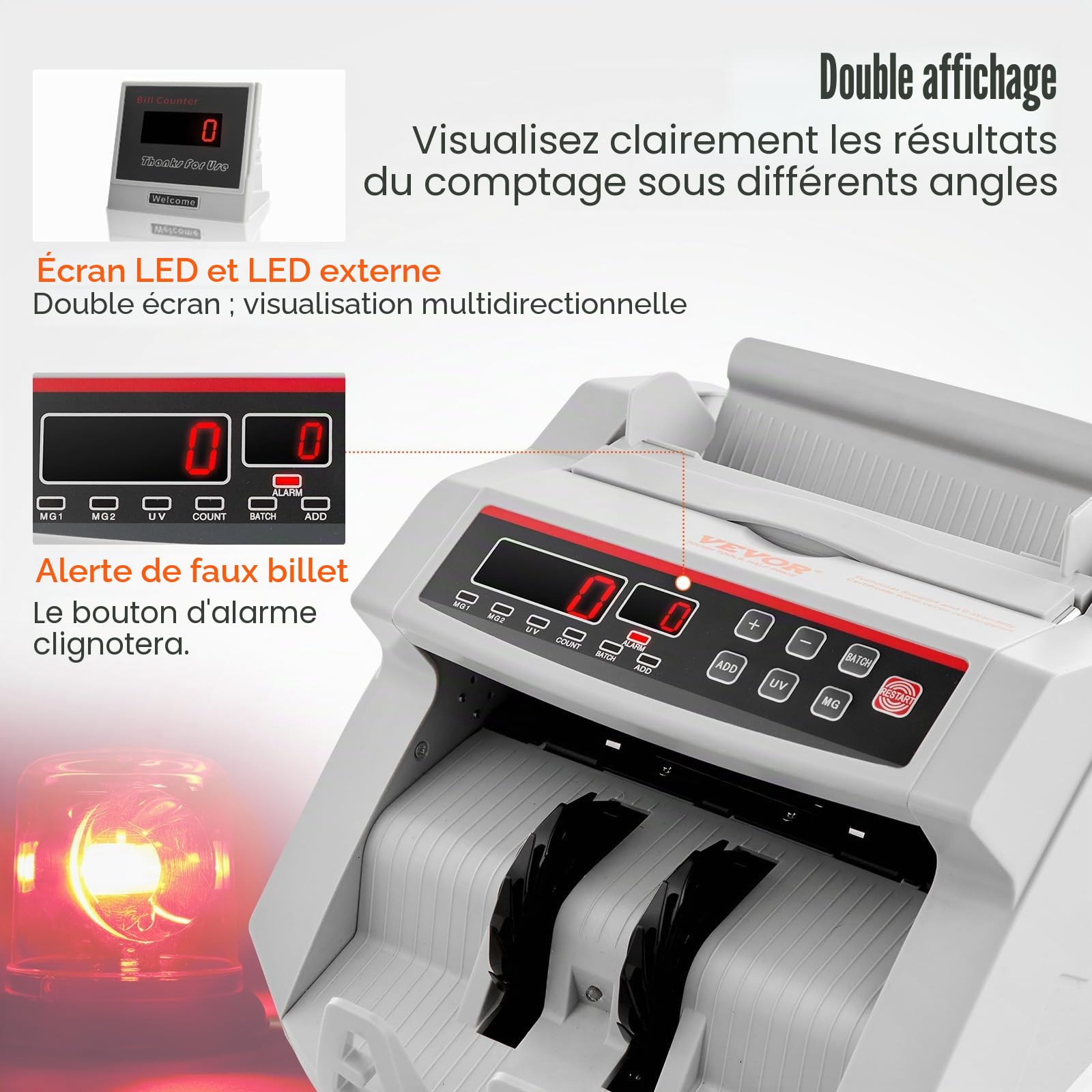 VEVOR Compteuse de Billets Professionnelle USD/EUR/GBP, Détecteur de Faux Billets par UV MG Contrefaçon, Vitesse >1000 PCs/min, Compteuse de Billets Trieuse Portable avec Affichage Banque Blanc