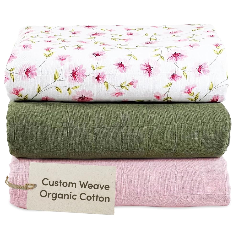 MOZAH Organic Muslin Swaddle Blankets - Pink, Olive and Pink Leaves - 3 Pack - for Baby Boy or Girl - Ideal for Newborns, Toddlers & Registry