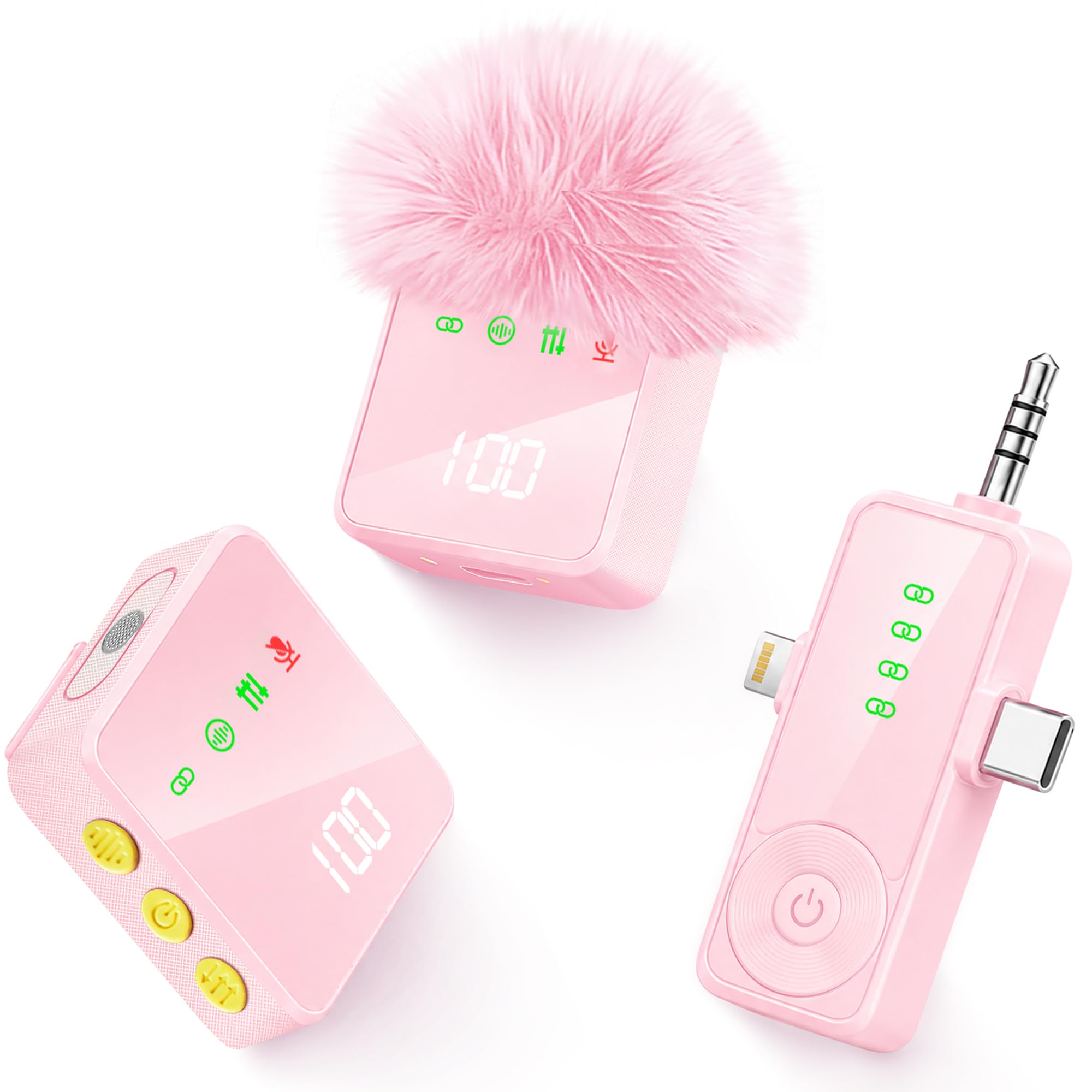 3 in 1 Wireless Lavalier Microphone for iPhone Android Camera-Pink