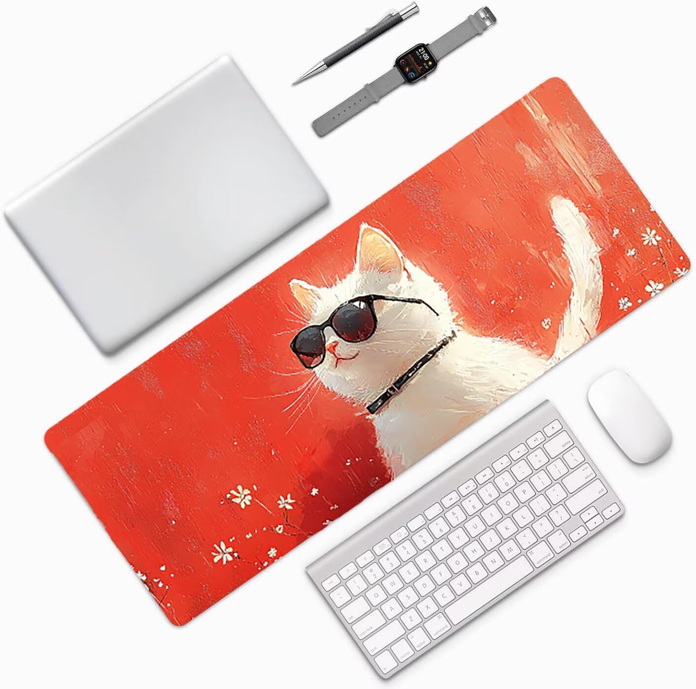 Lpfieonn Katze Schreibtischunterlage XXL, Rot Schreibtischunterlagen Großes, Gaming Mousepad XXL mit ernähter Rand und Rutschfeste Gummibasis, Wasserdicht Desk Mat für PC/Laptop/Mausa 120x60cm PF-2936