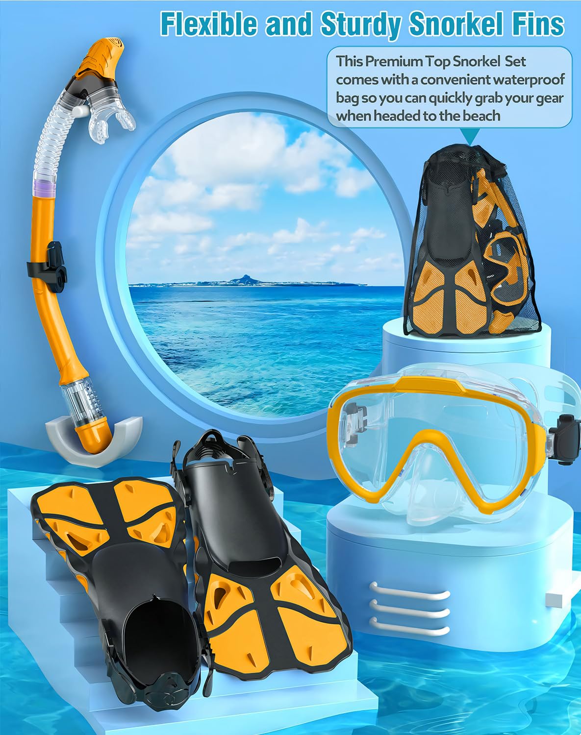 Schnorchelset mit Flossen für Erwachsene, Schnorchelausrüstung für Erwachsene Männer und Frauen, Schnorchel, Maske Set Erwachsene Dry Top Schnorchelmaske Combo Set mit Reisetasche zum