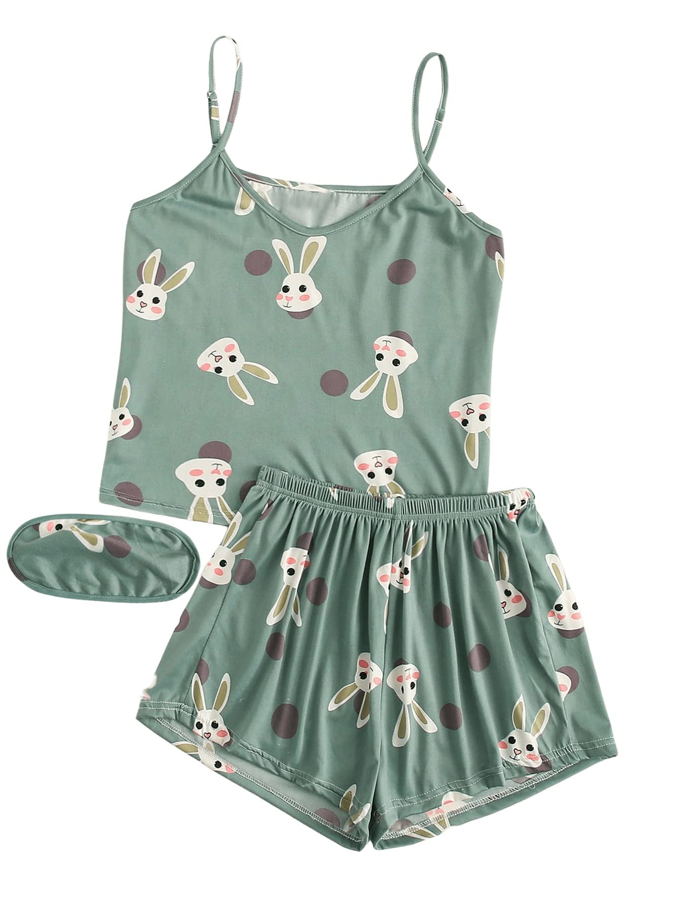 AGLANA Women's Cartoon Rabbit Print Cami Top and Shorts Cute Pajama Set Sleepwear