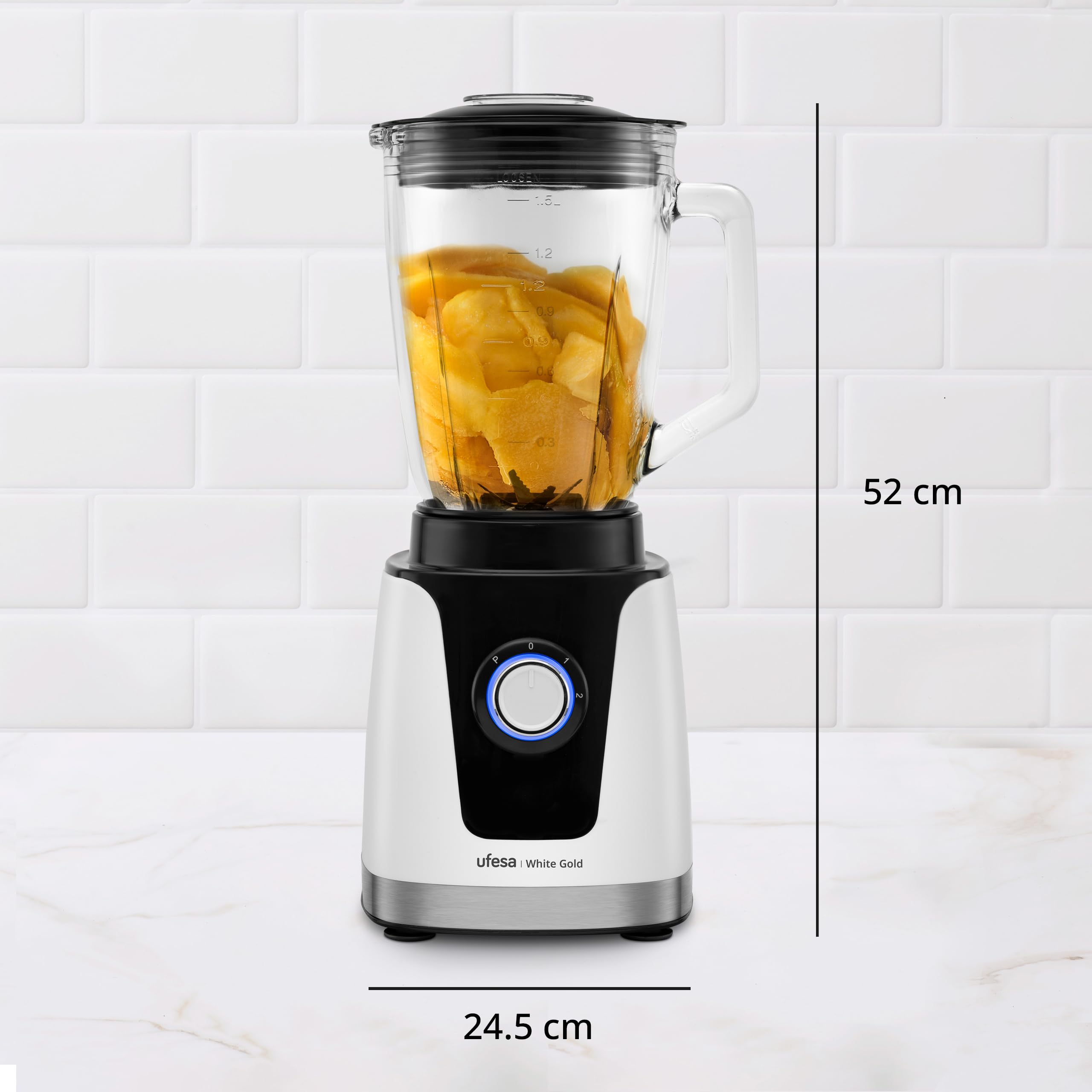 Ufesa White Gold Blender do kubków, 1500 W, szklany dzbanek 1,5 l, regulator prędkości z oświetleniem LED, kostka do lodu, 6 wyjmowanych ostrzy ze stali nierdzewnej, 2 prędkości + turbo