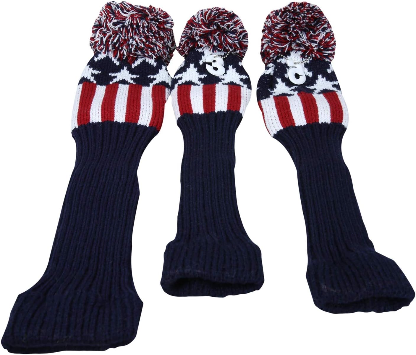 Golf Builder 3pcs USA Stars and Stripes Knitted Golf Head Cover Driver Fairway Wood Pom Pom Head Cover Sock Covers