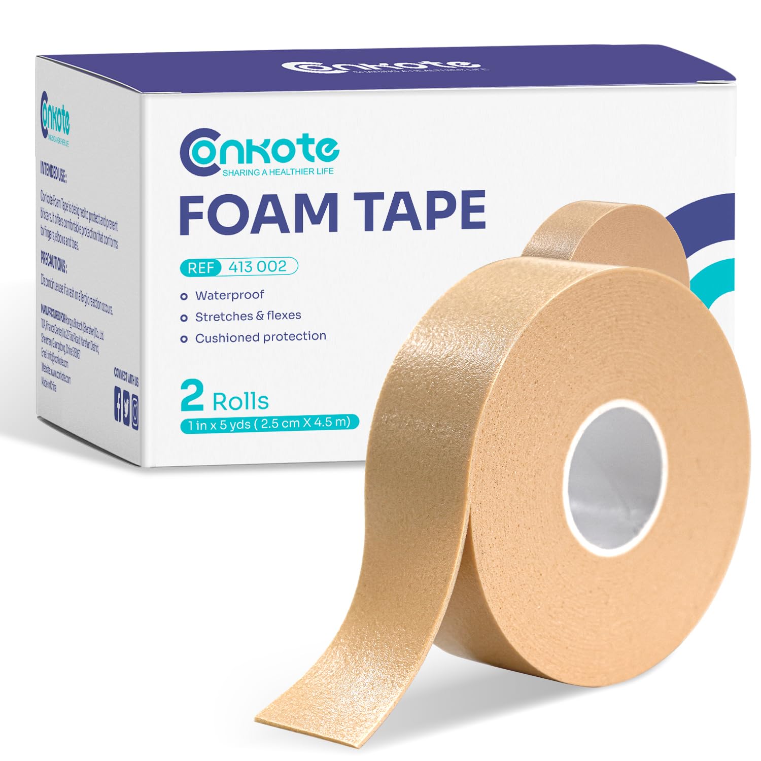 Conkote Waterproof Tape, Flexible Foam Medical Tape, Secures Dressing and Keeps Wounds Dry - 1 in x 5 Yds, 2 Rolls