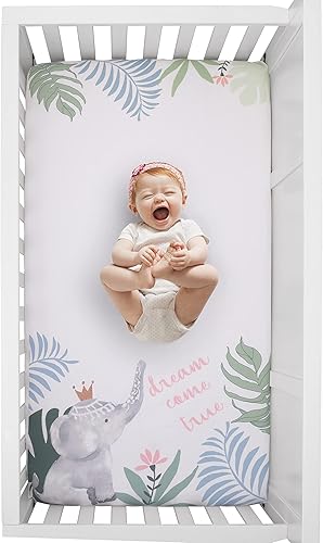 Miniatura 2 de NoJo Sábana para cuna de acuarela con temática de elefante, princesa tropical, rosa y verde, 100% algodón