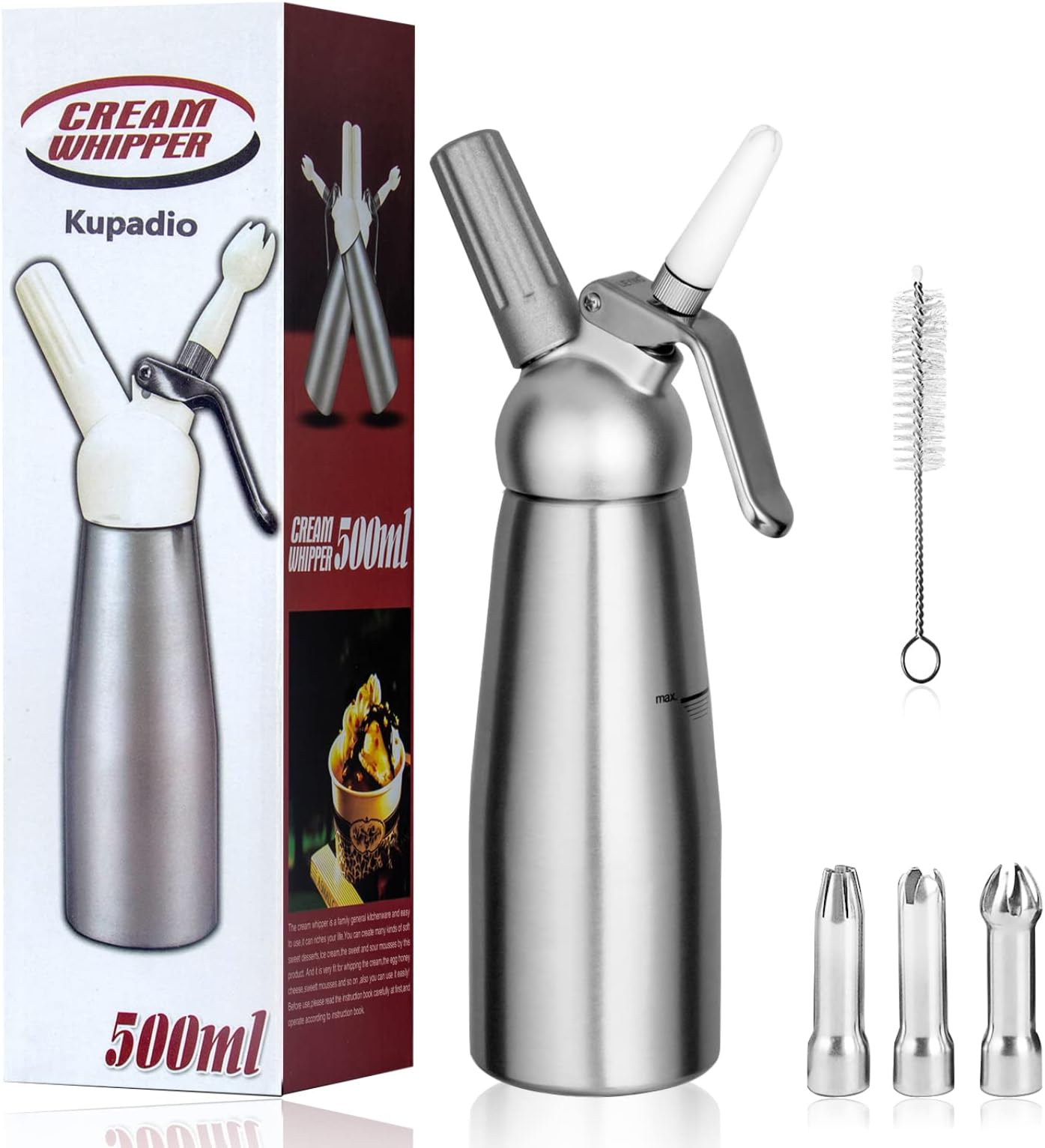 Professional Aluminum Whipped Cream Dispenser Cream Maker 500mL (1 Pint) for Desserts Gourmet Cream Whipper with 3 Decorating Nozzles- N2O Chargers (Not Included)