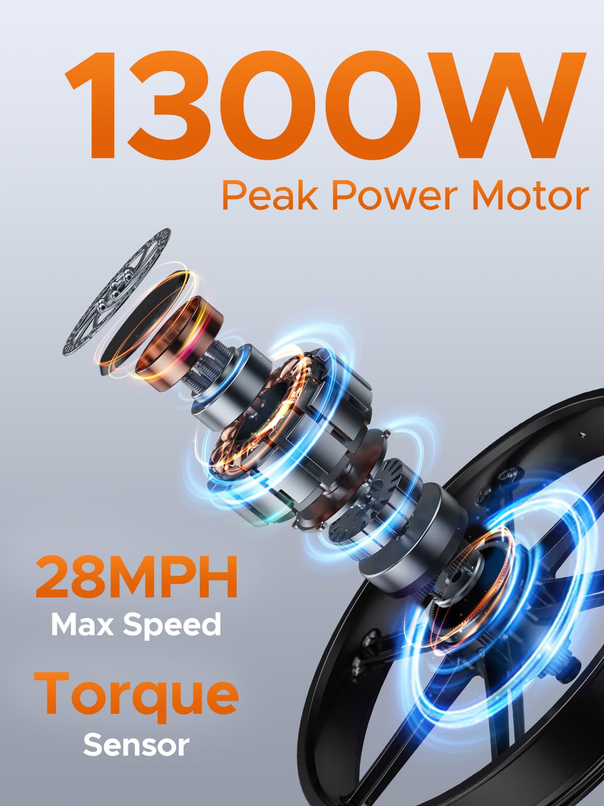 ENGWE LE20 Ebike showing 1300W Peak Power Motor and 28MPH Max Speed with Torque Sensor