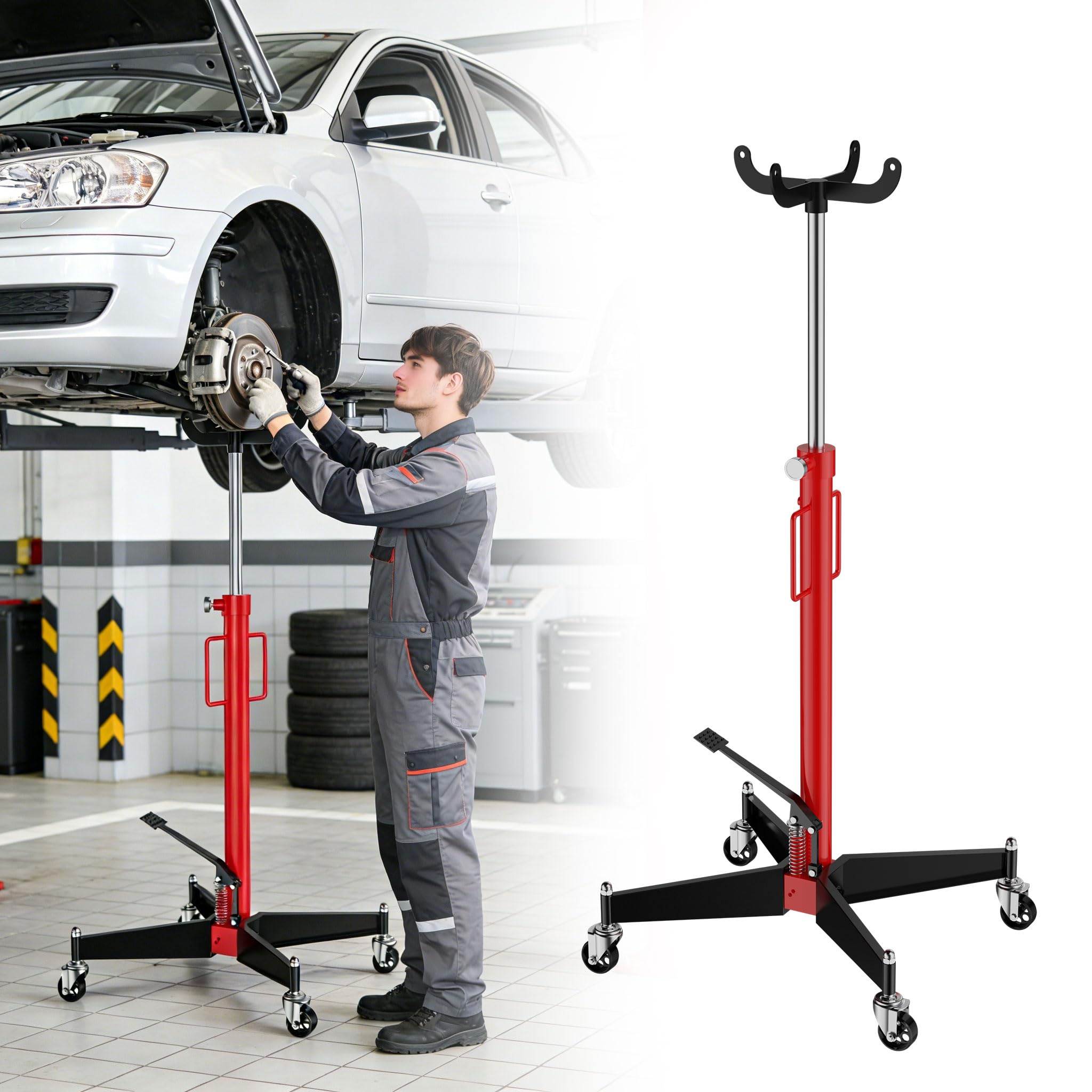 UISEBRT Mobiler Getriebeheber hydraulisch mit 500 kg Hubkapazität,Arbeitshöhe 111.5-190 cm,stufenlos regulierbar Wagenheber,Motorheber mit Fußpedal und 360° Lenkrollen,Hebezeug für KFZ und LKW