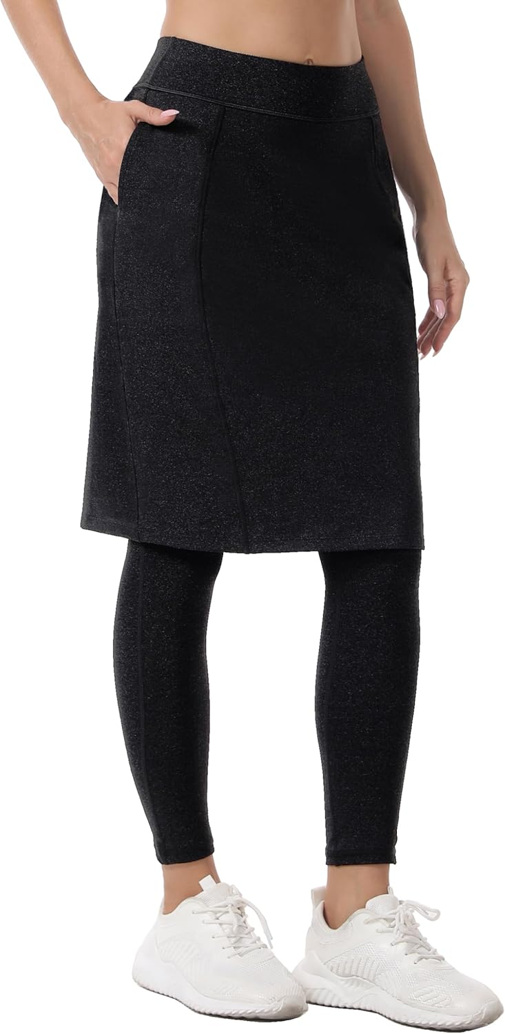 HOKOYI Women 23" Athletic Knee Length Skirt with Full Leggings Attached Pockets Workout Modest Skirted Capris