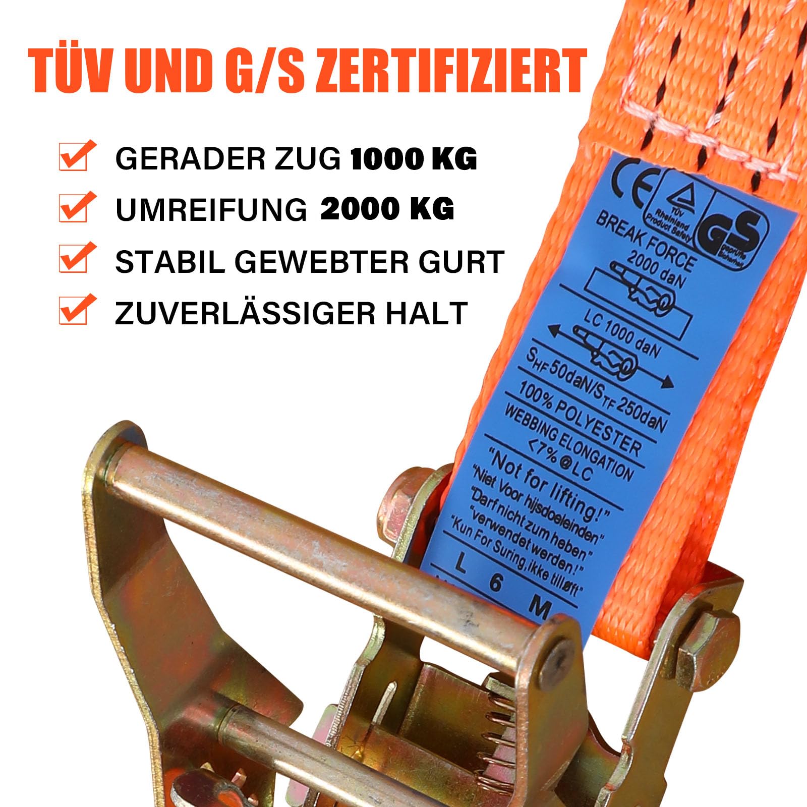 12 x Spanngurte mit Haken Ratsche in 6m 2T (2000 daN, KG) Zweiteilig 38 mm Ratschengurt Zurrgurte für Ladungssicherung TÜV/GS Zertifiziert(Orange)