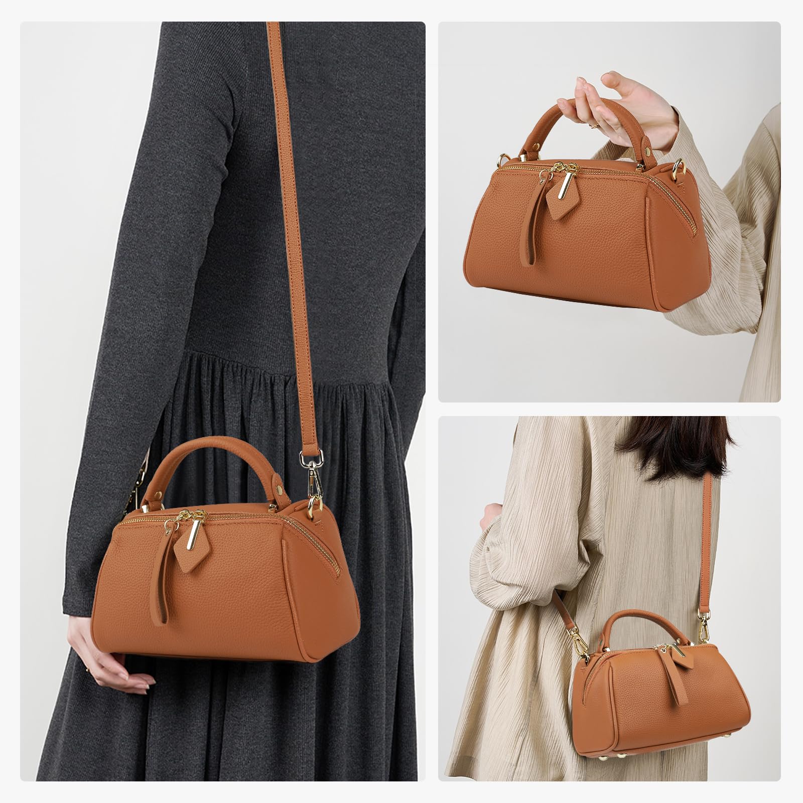 MFFOR Genuine Leather Boston Bags for Women, Crossbody Bags Vintage Top Handle Satchels for Ladies with Adjustable Strap (Golden Brown)