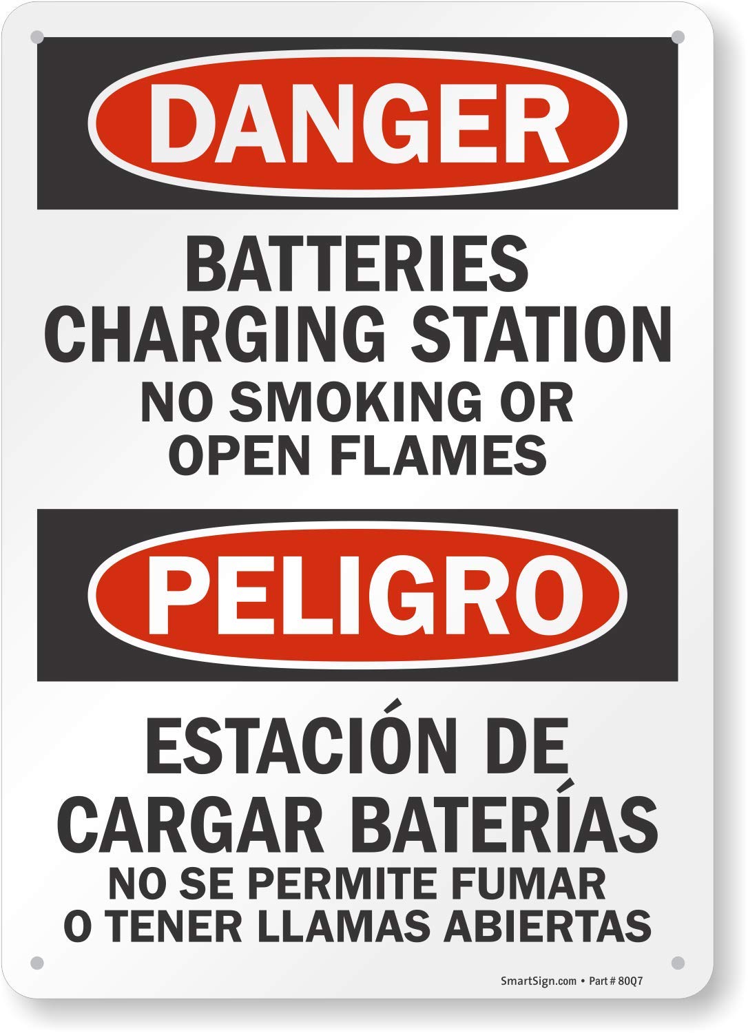 Smartsign S-6034-PL-14 "Danger: Batteries Charging Station No Smoking" Plastic Sign, Bilingual, 14" x 10", Black/Red on White