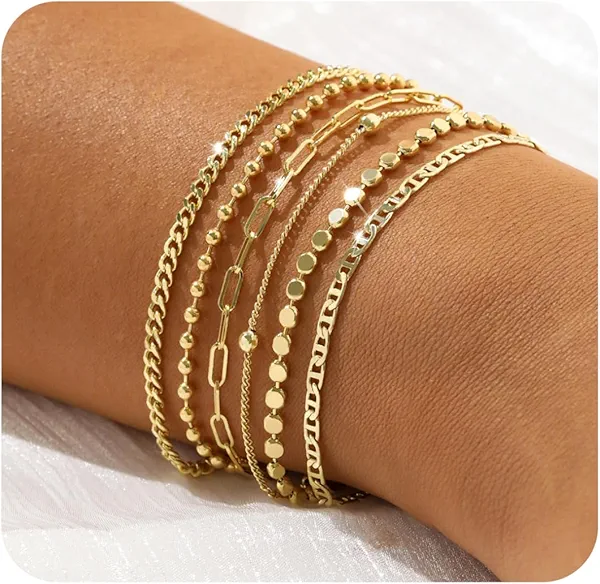 JECOMY Dainty Gold Bracelets for Women - Waterproof Stackable Gold Bracelet Stack Set - Perfect for Stylish Women