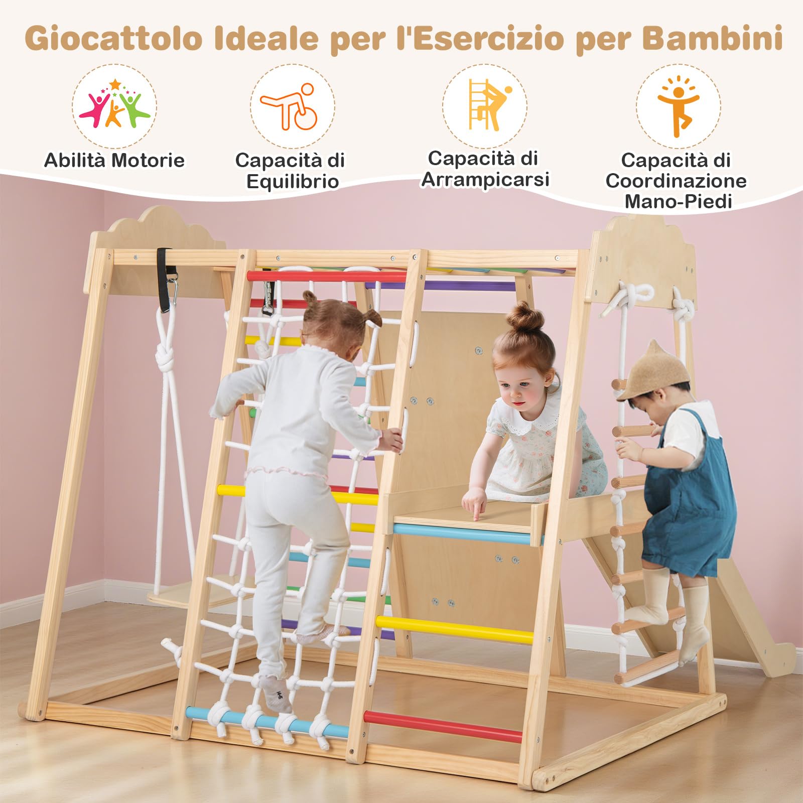 COSTWAY 8 in 1 Set da Arrampicata per Bambini, Palestra in Legno da Interno con Sbarre Scivolo Altalena Scala in Corda e Roccia/Rete da Arrampicata, per Bambini 3 Anni+ (Colorato)