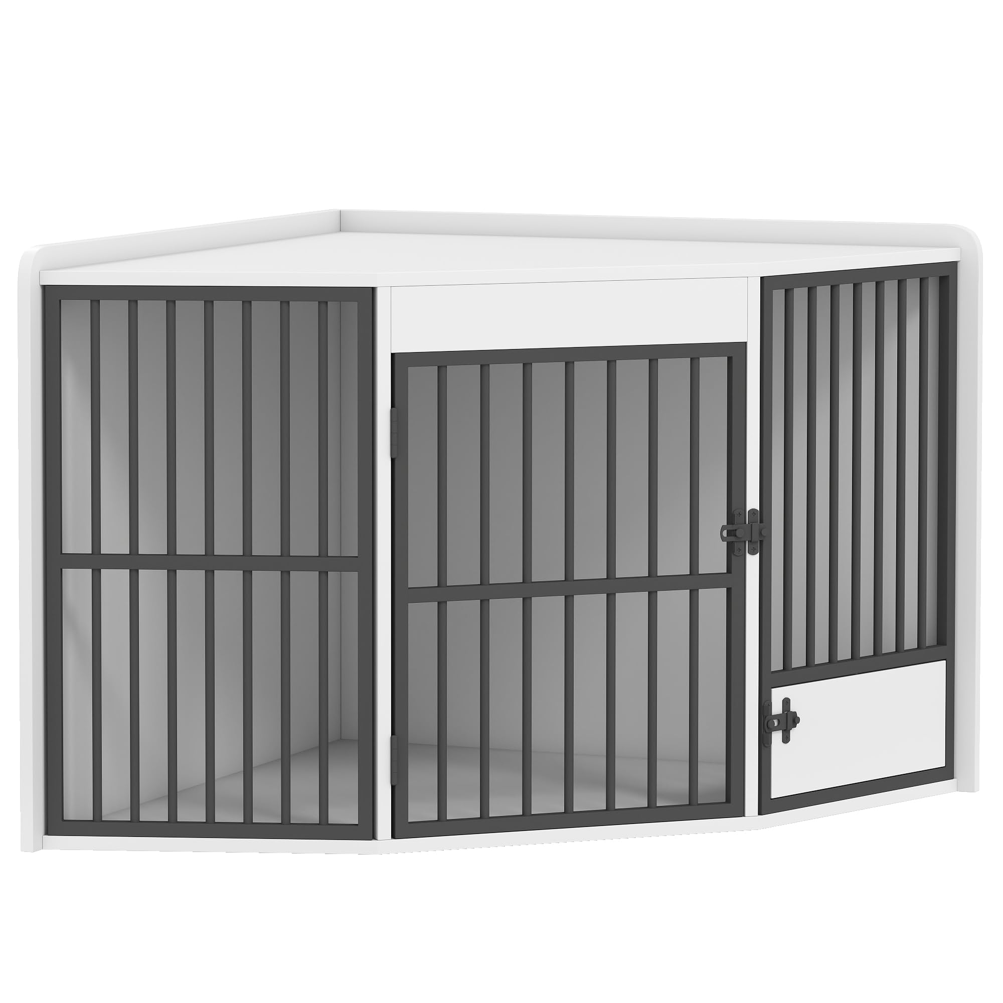 PawHut Jaula esquinera para perros, caseta para perros para el hogar con cerradura interior, con puerta de alimentación giratoria, casa para perros para perros pequeños/medianos, blanco, 113 x 80 x 64