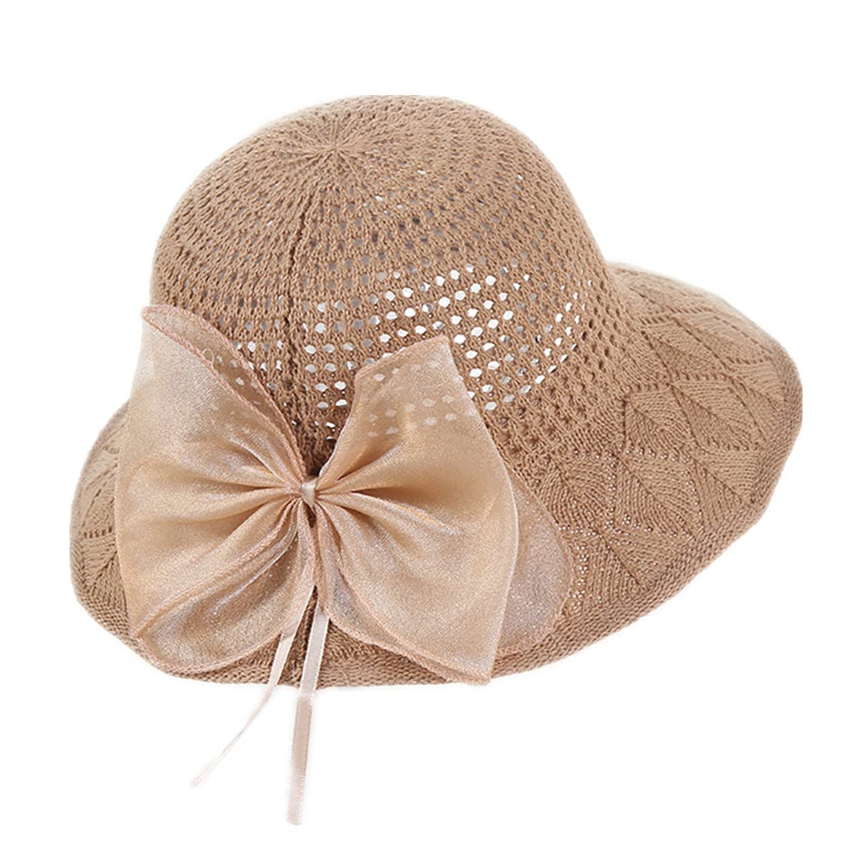 SamHeng Mujer Sombrero de Sol, Elegante Respirable ala Ancha Bowknot Sombrero de Paja, Plegable Verano Gorra de Playa Sombrero Parasol para Viajes Andante Senderismo Vacación