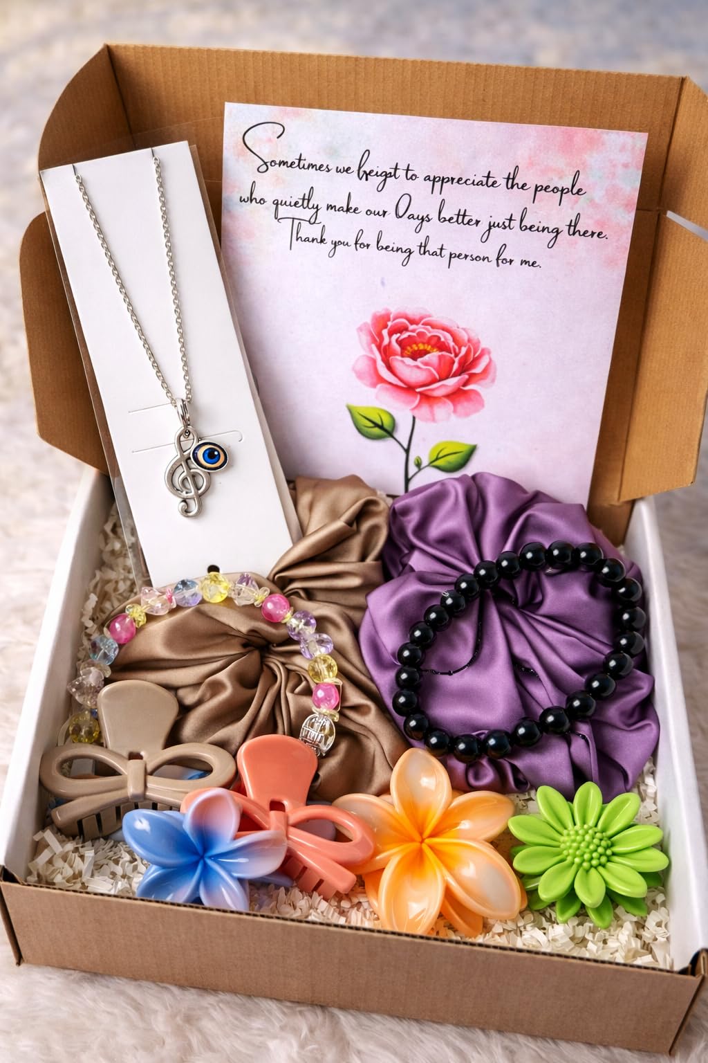 Delightful Living Valentine Combo Gift for Women, Girls - Pretty Accessories Hamper for Girls - Birthday Gift for Bestie - Pendent, Scrunchies, Couple Bracelet and Hair Accessories (Assorted Color)-image-2