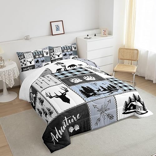 Miniatura 4 de Juego de edredón de oso de ciervo para niños, tamaño individual, juego de ropa de cama rústica de aventura de caza para niños, niñas y adultos,