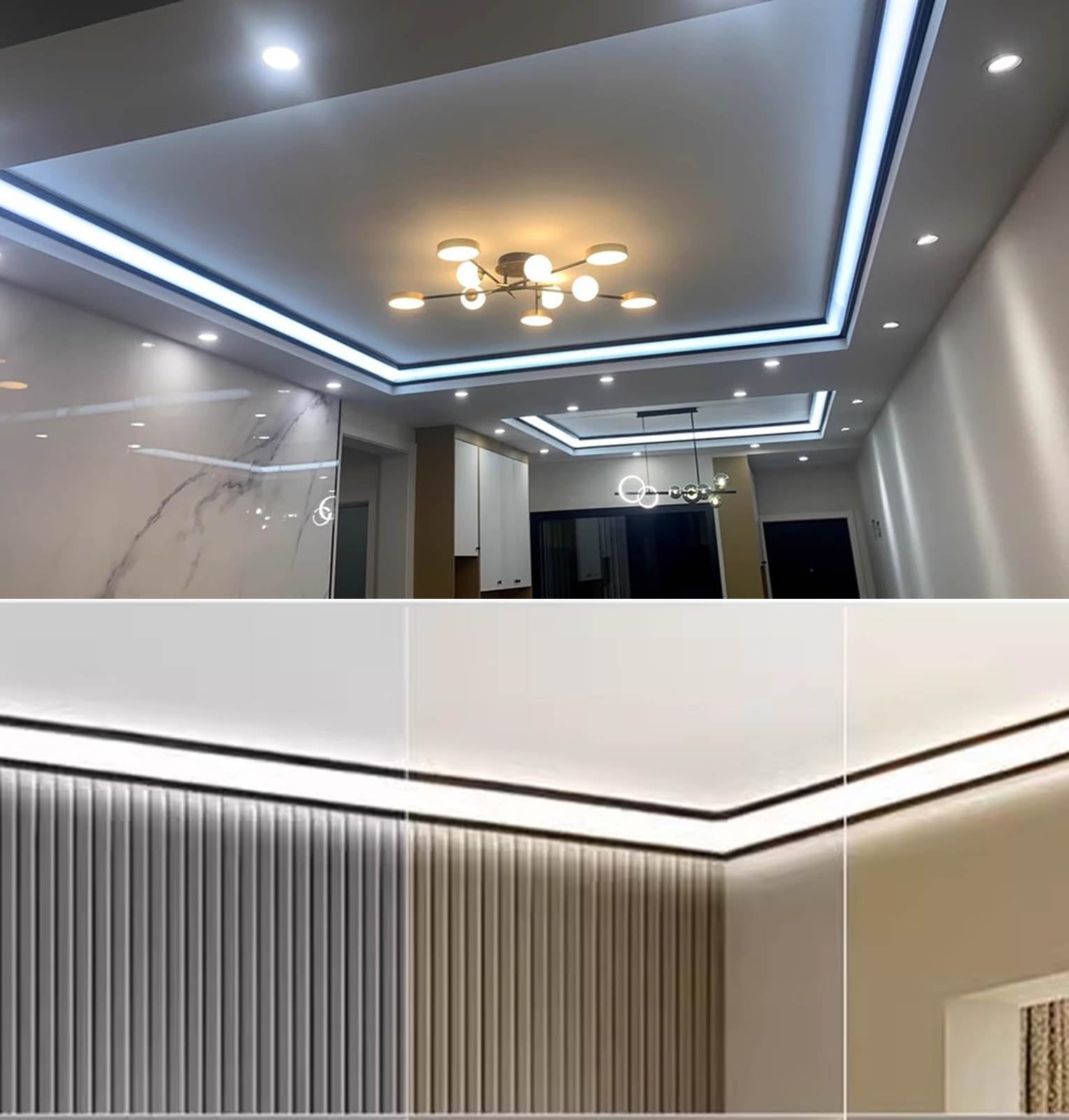 Profili per Strisce Led Cornice per Soffitto con Binario LED Nero, Illuminazione a Corona, Canale in Alluminio per Illuminazione Indiretta a LED con Diffusore, Cornicione Decorativa(98.4ft/30m)