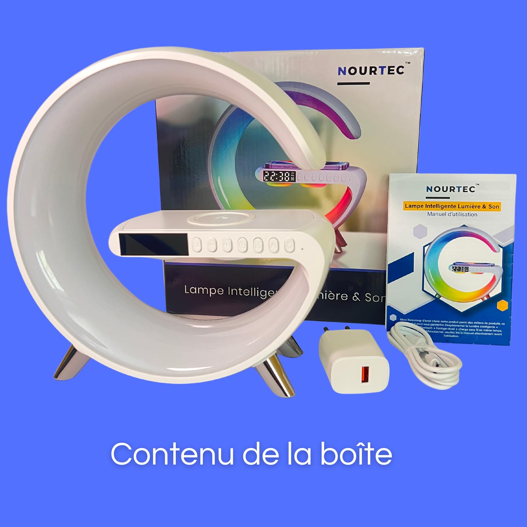Lampe d’Ambiance 3-en-1,Réveil Lumineux,Haut-Parleur Bluetooth,Chargeur Sans Fil & Lumière LED 16M Couleurs Contrôlable par App,déale Chambre,Salon,Bureau,Cadeau de Noël Homme/Femme/Enfant