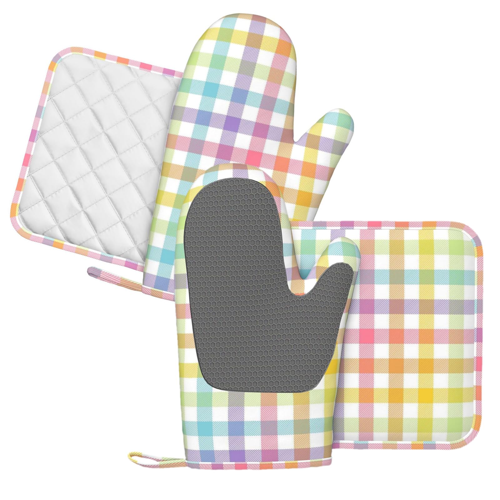 Juego de 4 manoplas de horno y soportes para ollas de cuadros de búfalo pastel, juego de 4 manoplas de horno y agarraderas de acuarela arcoíris, resistentes al calor, guantes de cocina rústicos para