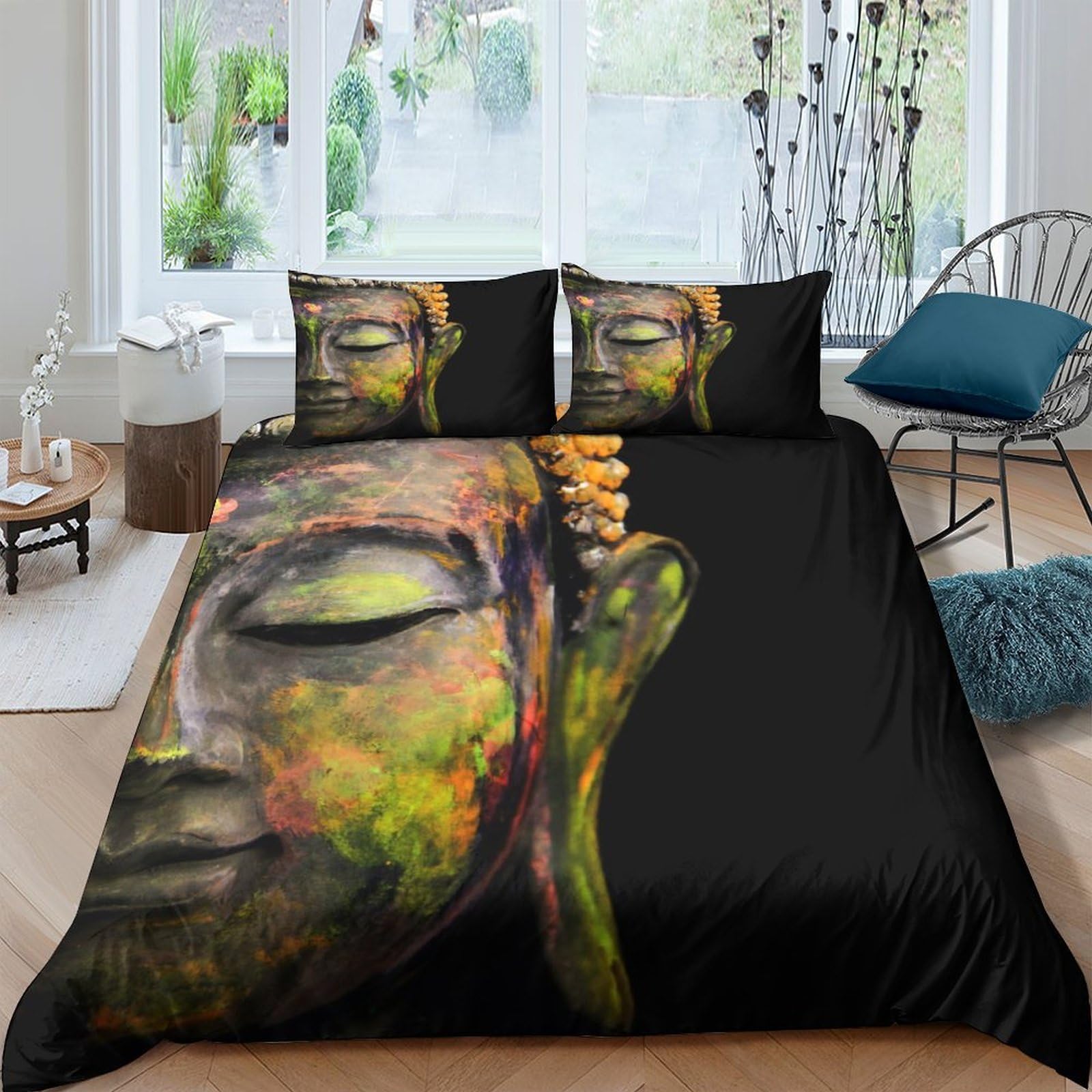 Ctjqhvkz Style-3 3D Printed Buddha Face Fitted Sheet Microfiber Anti-Slip Black Gold Artistic Bed Cover For Bedroom Guest Room Decor Single（135X200cm）