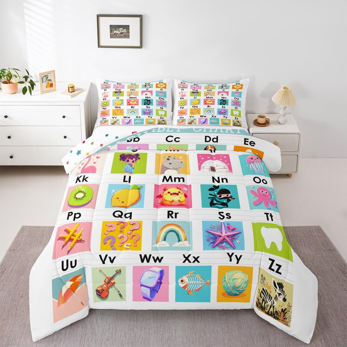 Feelyou Kids ABC Chart Duvet Insert Full Size, Educational Comforter Set Boys Girls Preschool Bedding Set Learning Teens Bedroom Decor 3Pcs