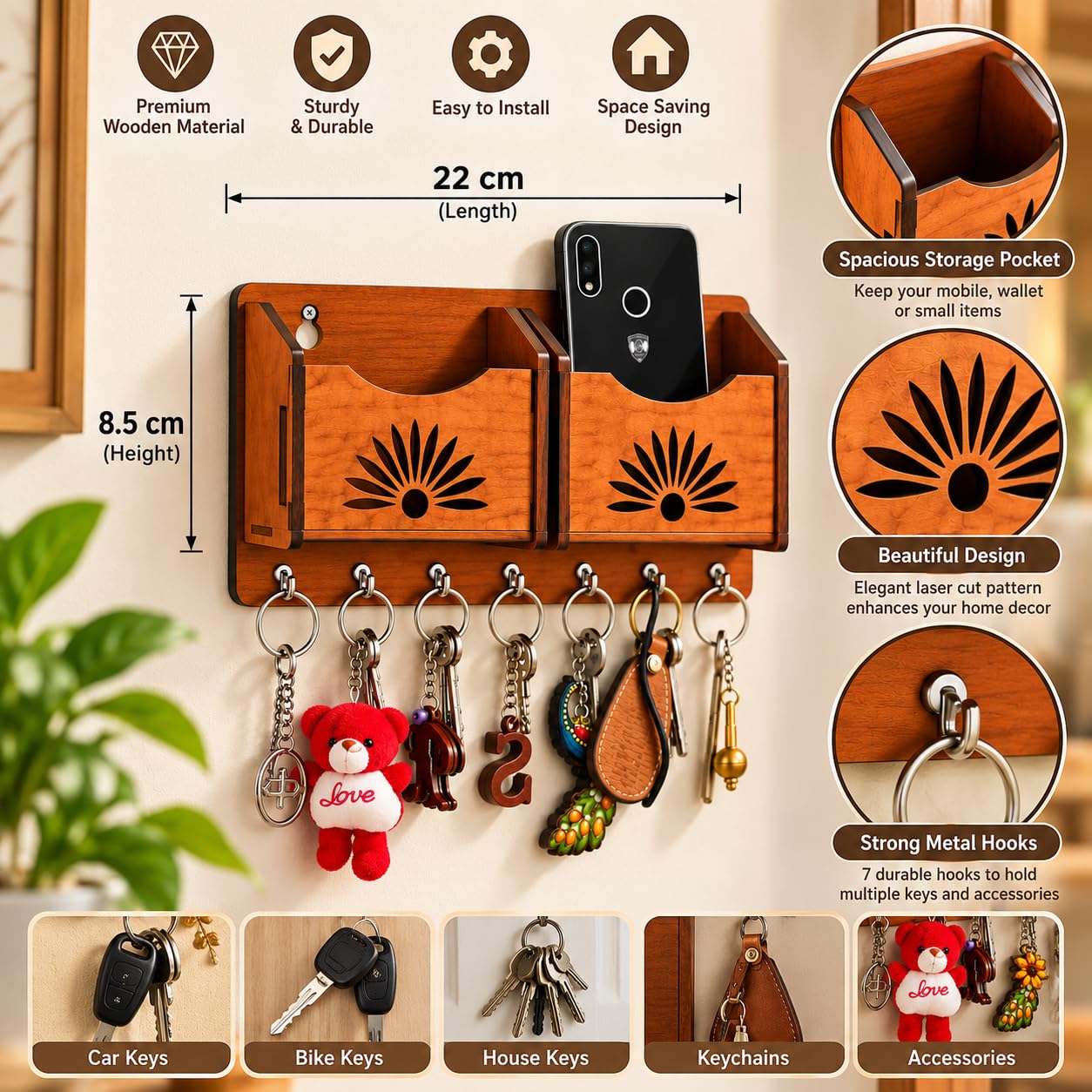 CAPIO ART Wooden Key Holder - 7 Hooks & Mobile Storage -3