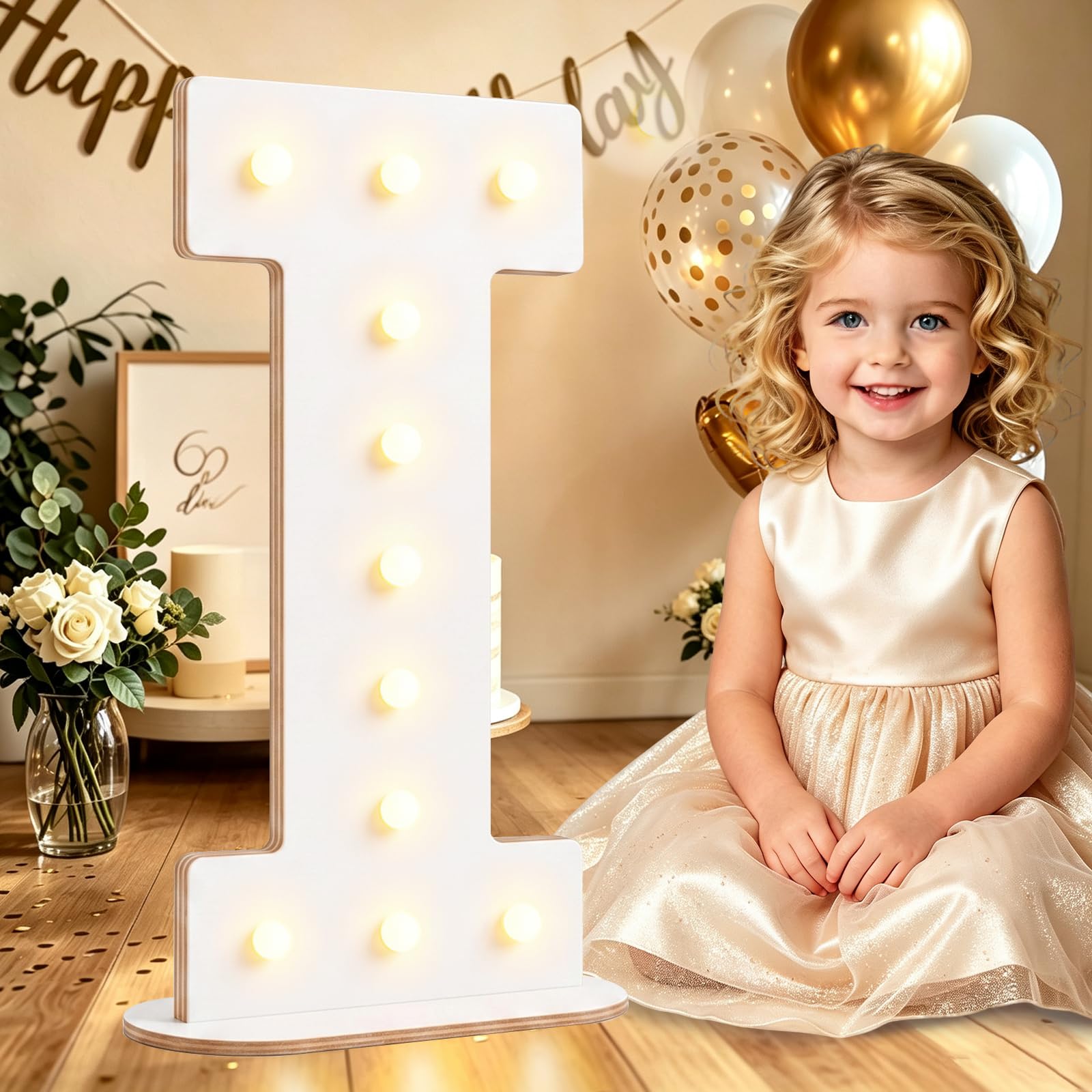 Large 44CM White Wooden Light Up Letters I for Birthday Party Decorations