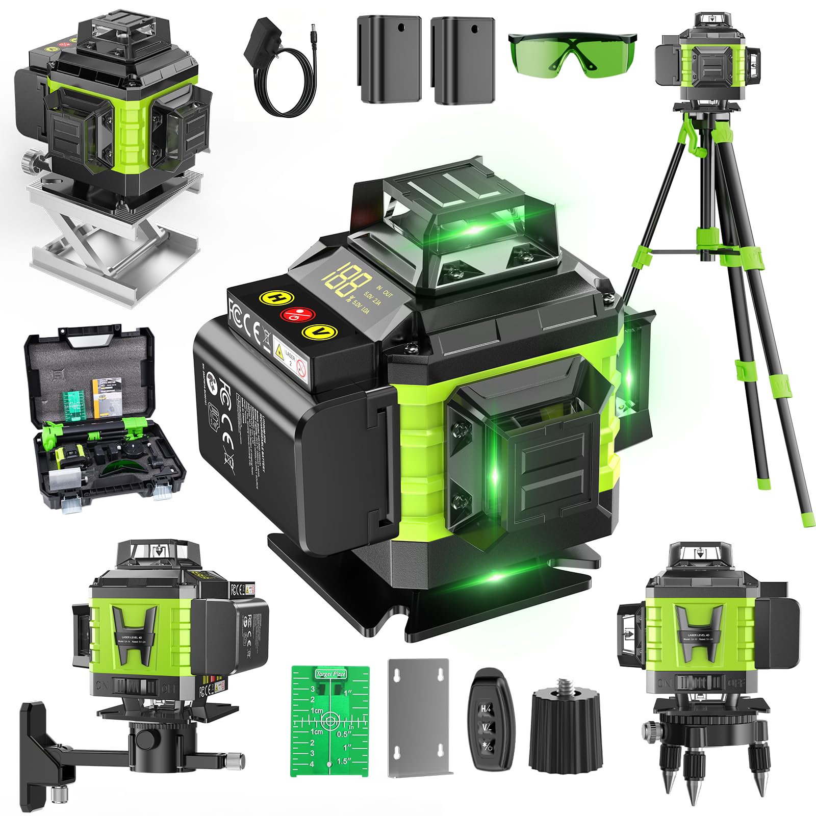 Nivel Laser Autonivelante 360 Grados, Nivel Láser Verde 16 Líneas, 2 x 360 Horizontal y 2 x 360 Verticales, 2 x Batería, Montaje en Pared, Control Remoto, Base Magnética, Soporte Giratorio, Trípode