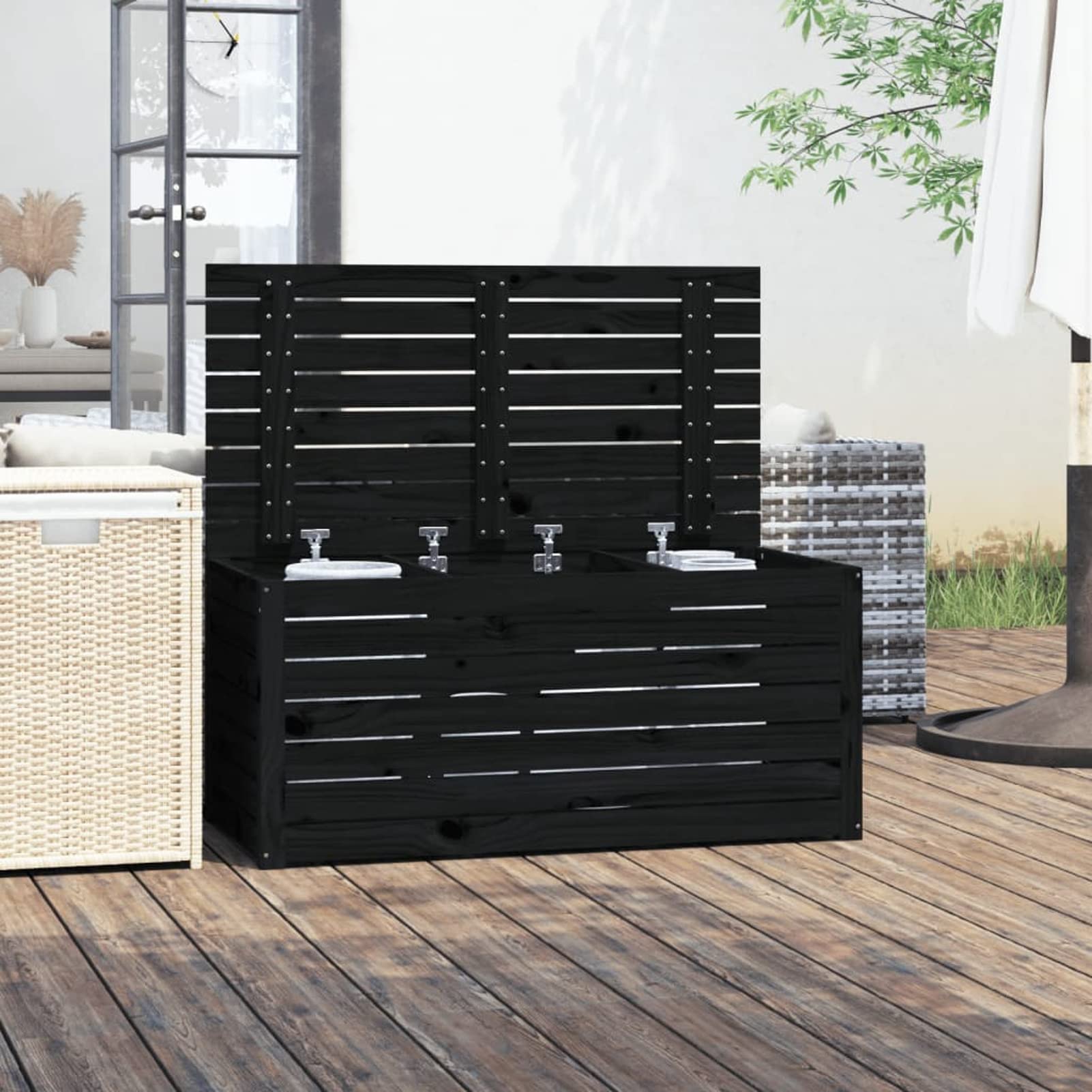 Baúl de jardín Madera Maciza de Pino Negro 101x50,5x46,5 cm, Arcon Exterior, Arcones para Patio, Baul Almacenamiento Exterior, Baúl para Terraza