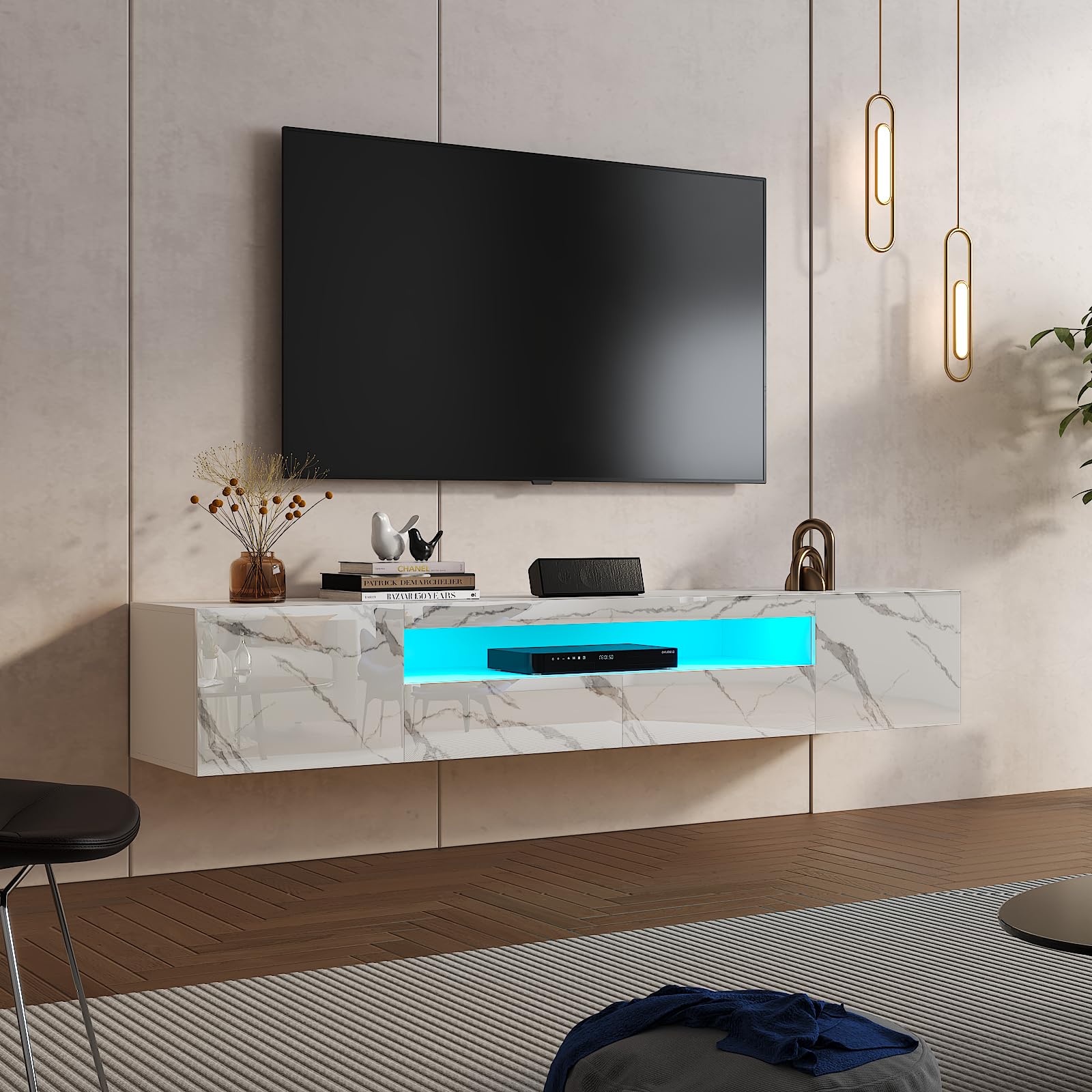 KEEPREAPER TV-Schrank, Lowboard mit LED-Beleuchtung, Fernsehtisch hängend, Fernsehschrank Hochglanz, für Fernseher bis zu 85 Zoll, für Wohnzimmer, 180 x 35 x 30cm (Weiß marmor)