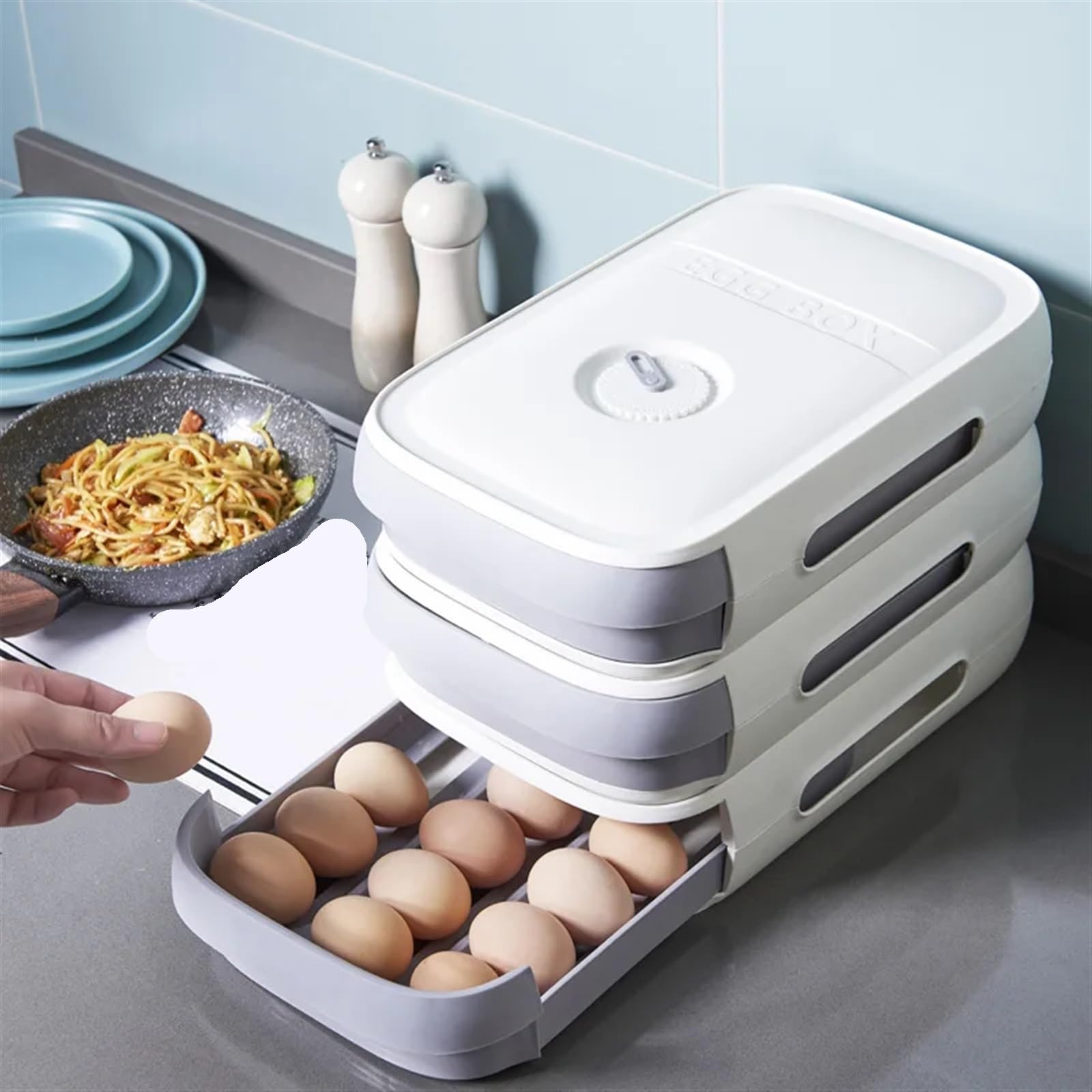 Stapelbarer Eierhalter, Aufbewahrungsbox, Schublade, automatischer Roll-Kühlschrank, Eier-Organizer, platzsparender Behälter, Küchen-Organizer(Bue)